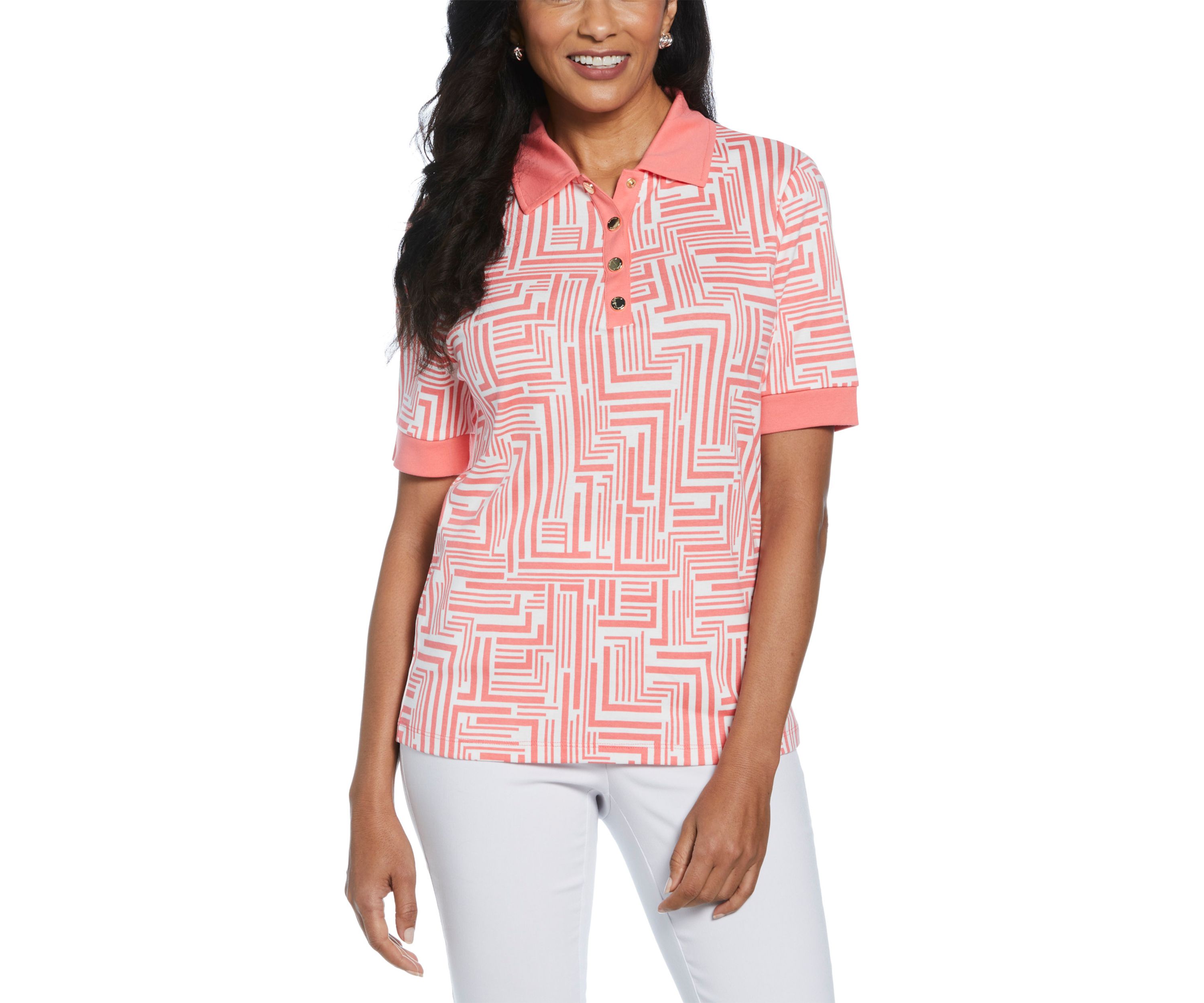 Petite Graphic Print Buttoned Elbow Length Sleeve Polo Shirt