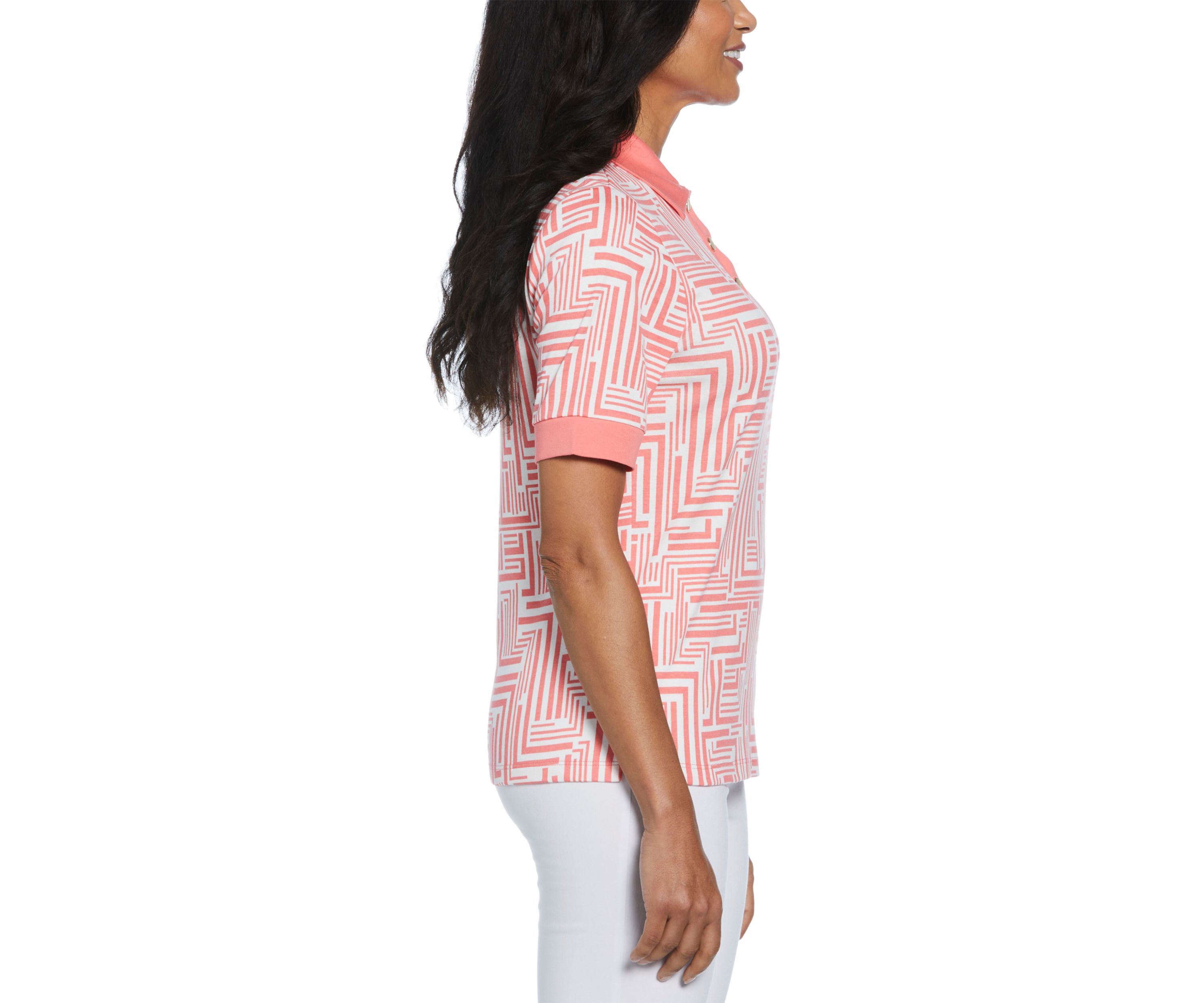 Petite Graphic Print Buttoned Elbow Length Sleeve Polo Shirt