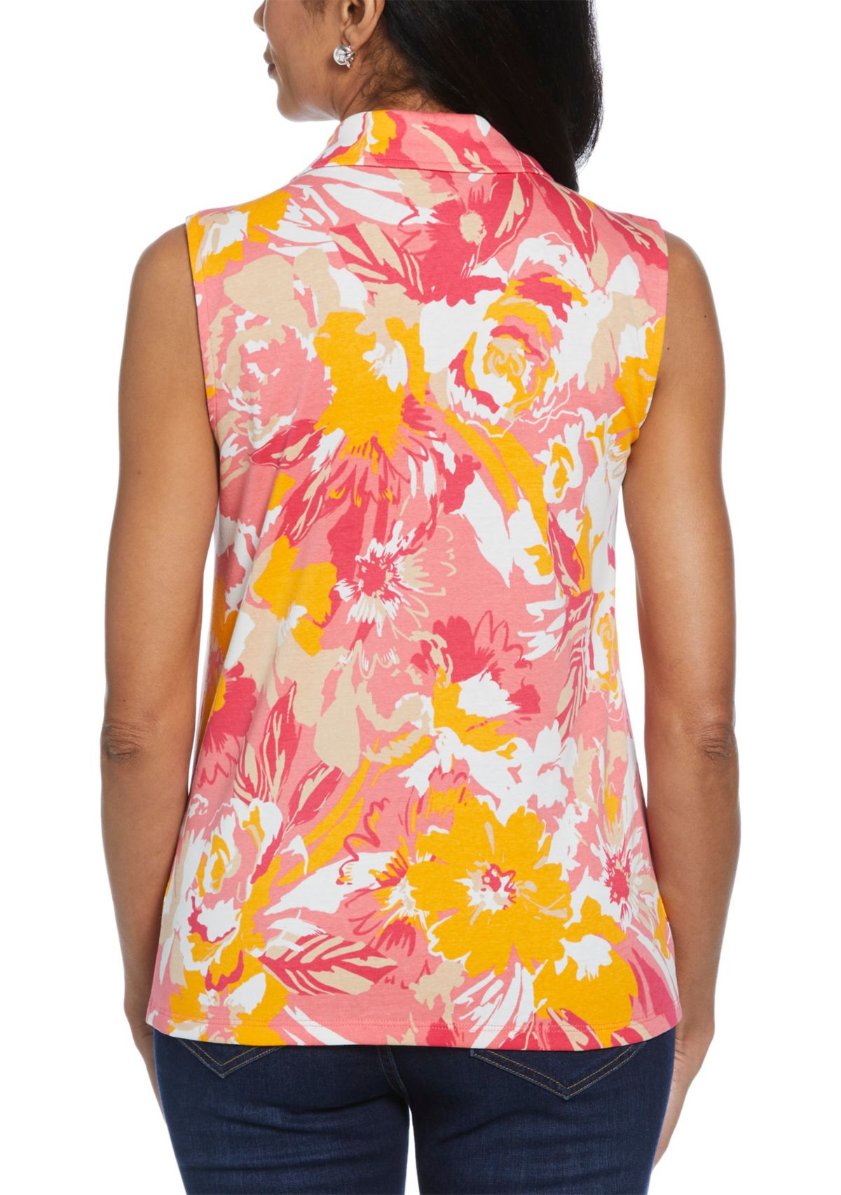 Petite Floral Print Ribbed Sleeveless Polo Shirt