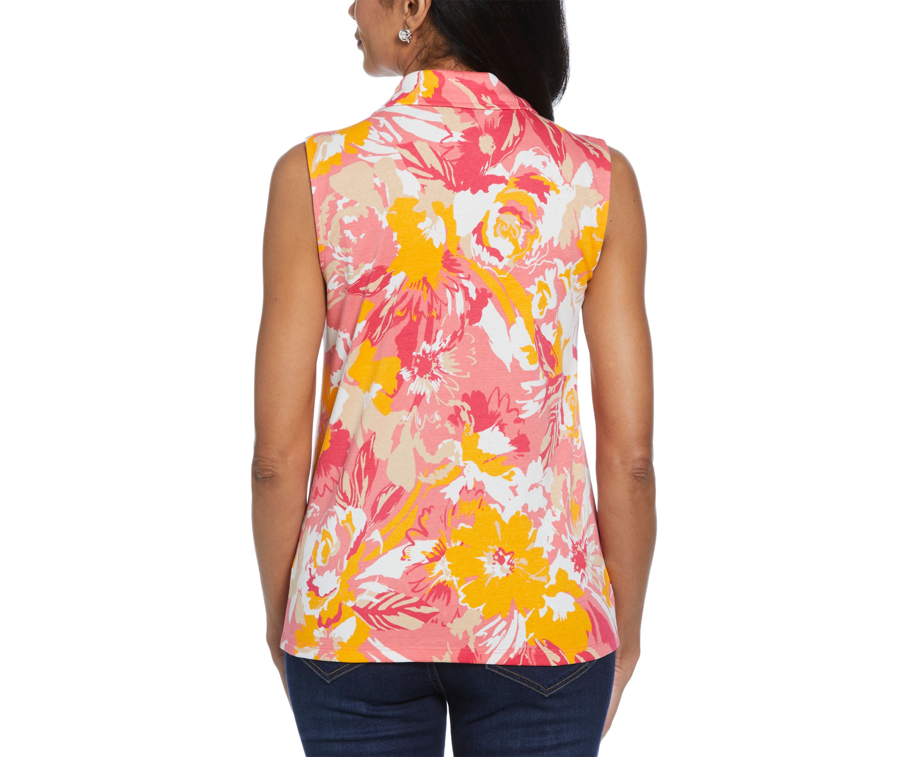 Petite Floral Print Ribbed Sleeveless Polo Shirt
