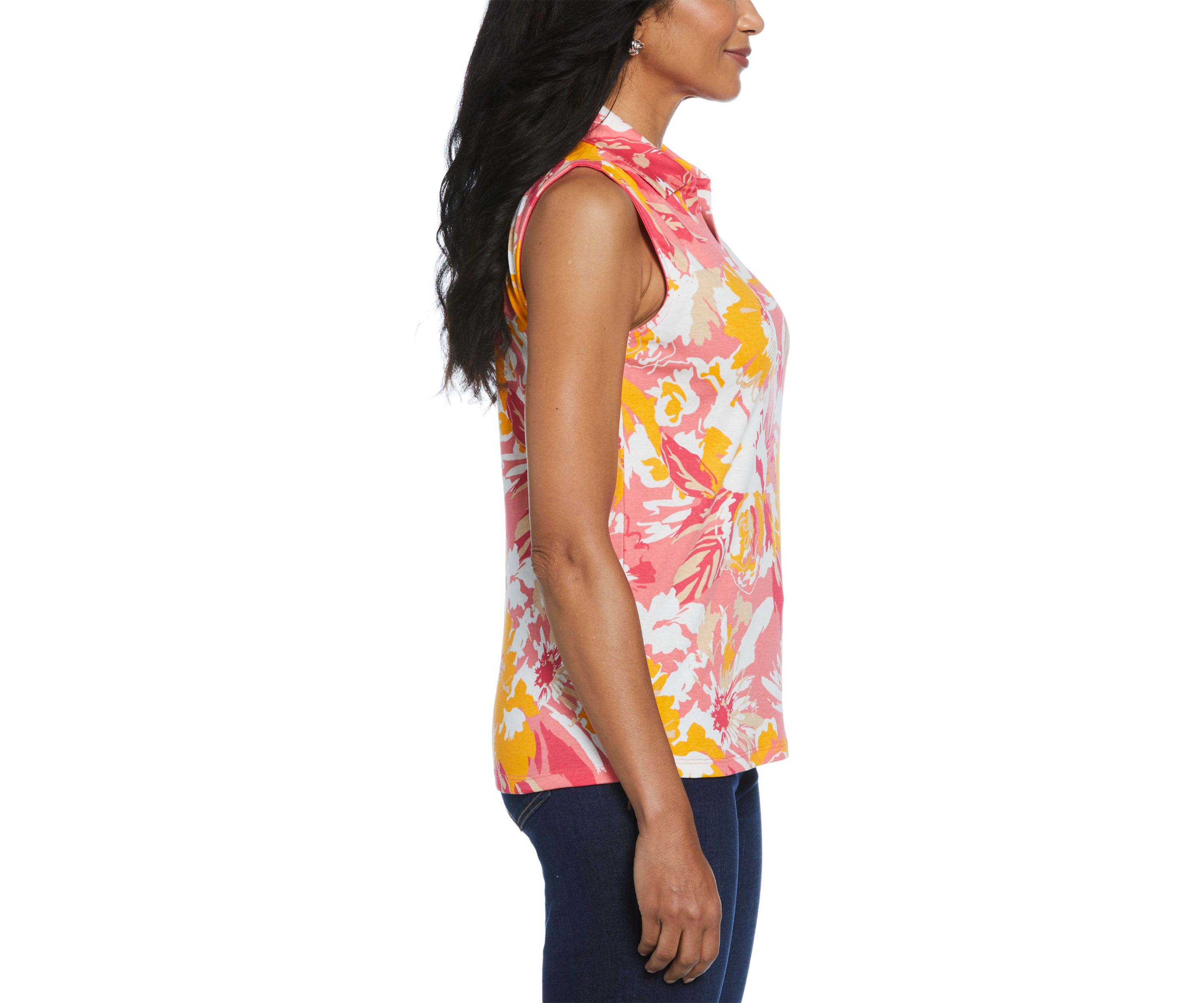 Petite Floral Print Ribbed Sleeveless Polo Shirt