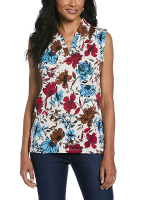 Rafaella Women's Petite Bouquet Printed V-Neck Sleeveless Polo Shirt, White, PM