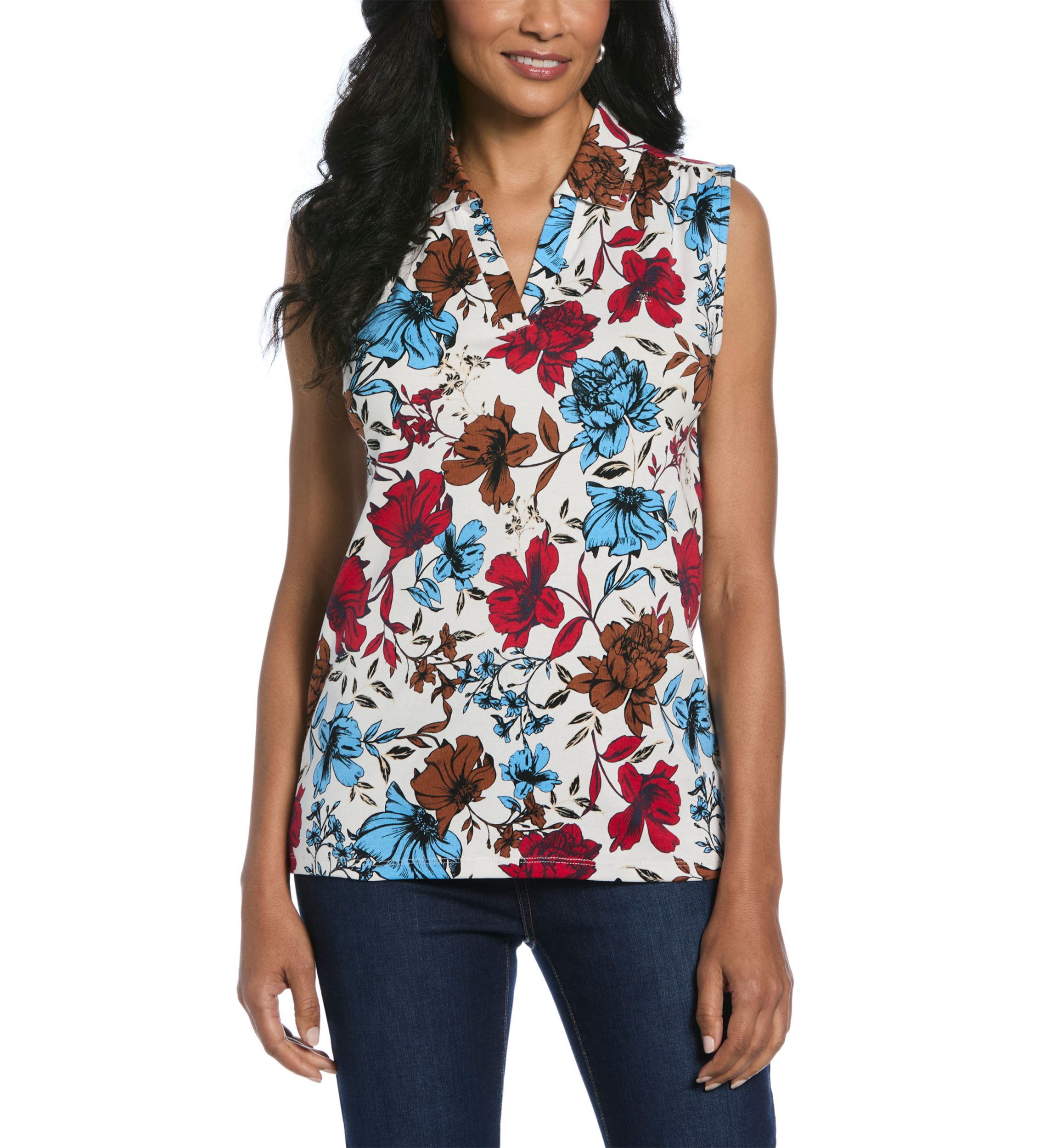 Petite Bouquet Printed V-Neck Sleeveless Polo Shirt