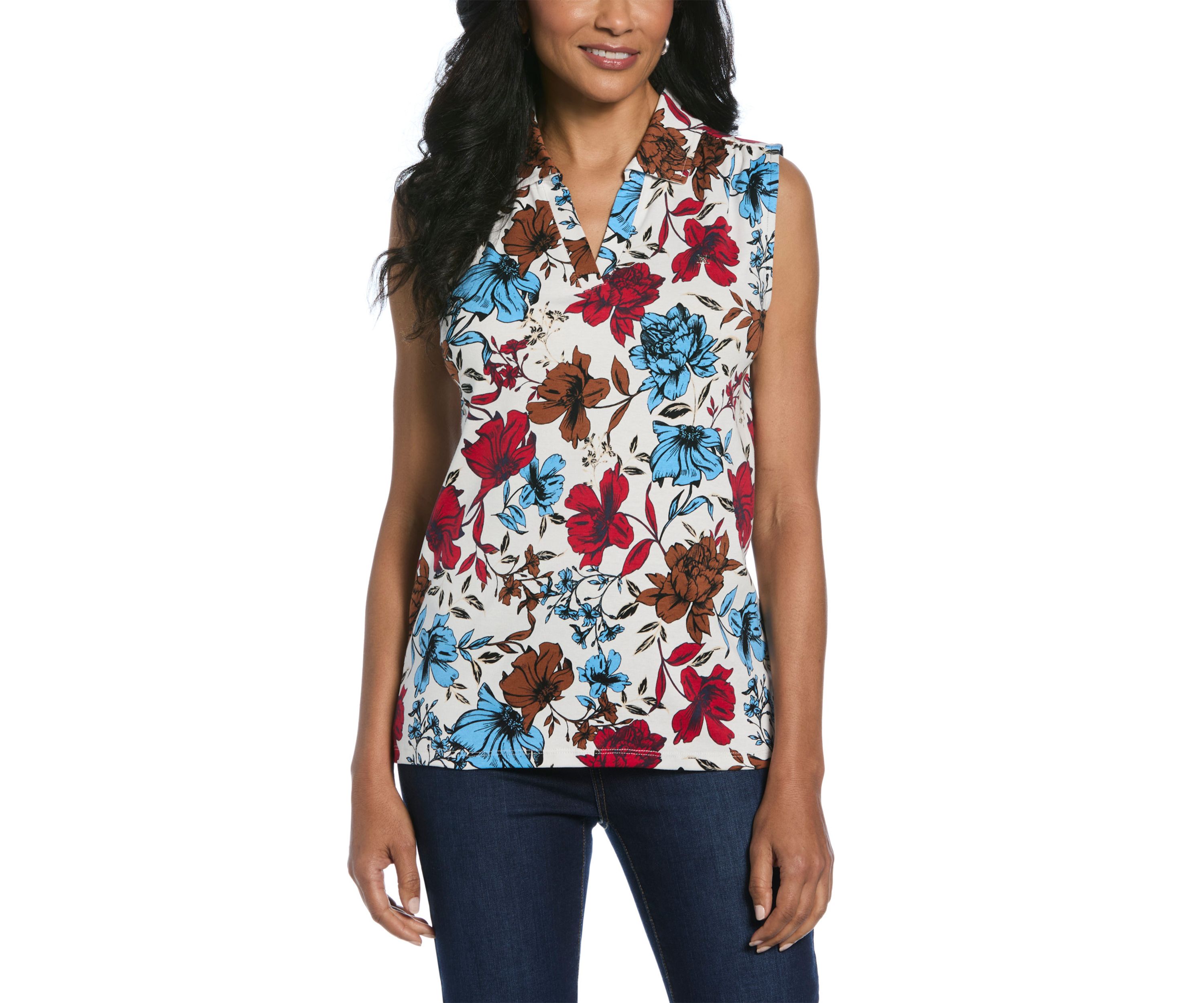 Petite Bouquet Printed V-Neck Sleeveless Polo Shirt