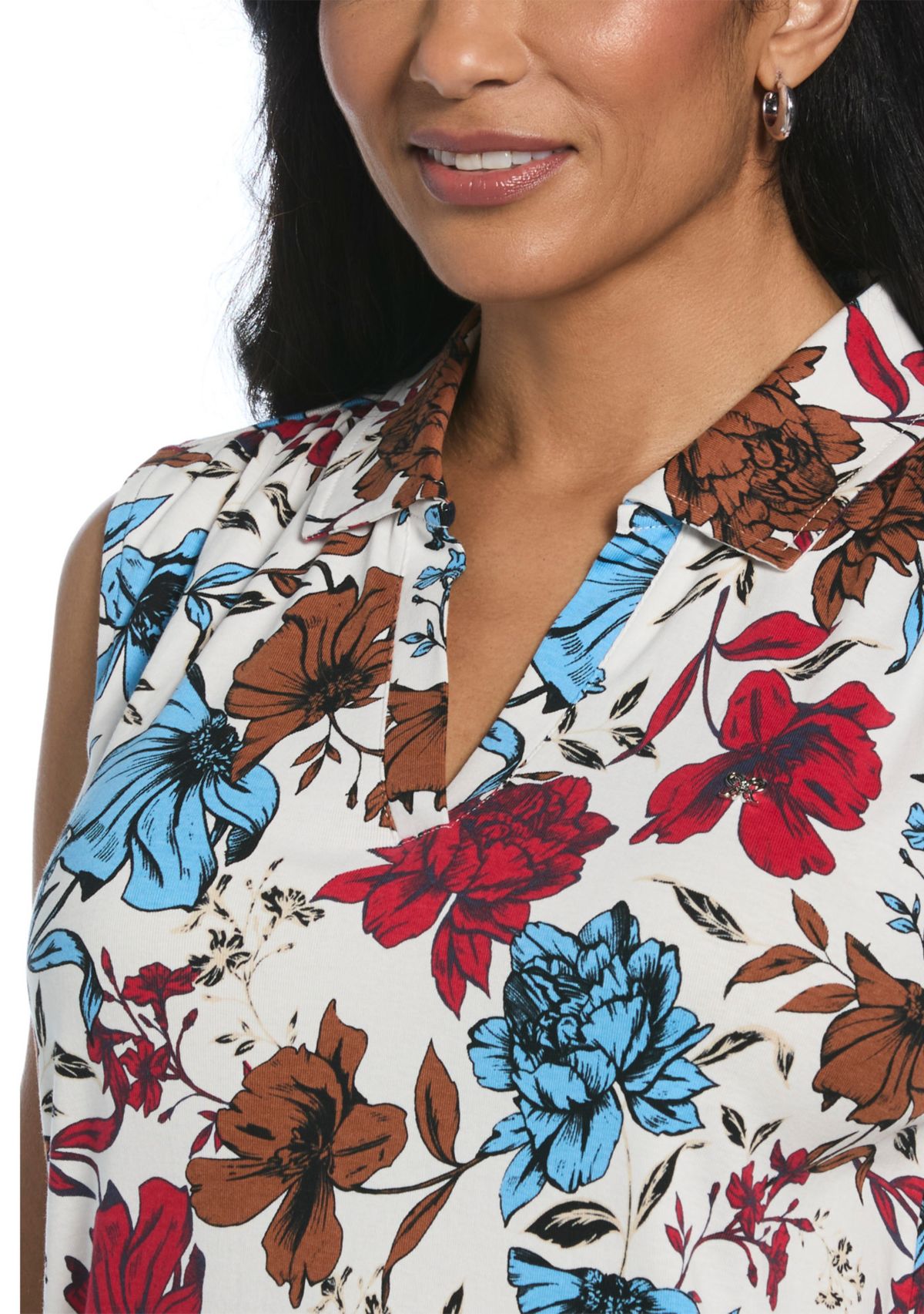 Petite Bouquet Printed V-Neck Sleeveless Polo Shirt