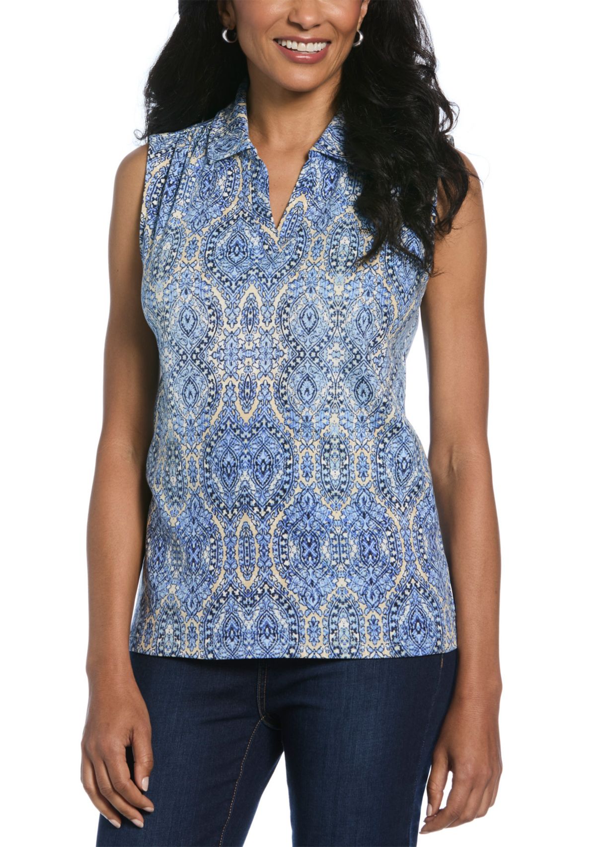 Petite Scroll Printed V-Neck Sleeveless Polo Shirt