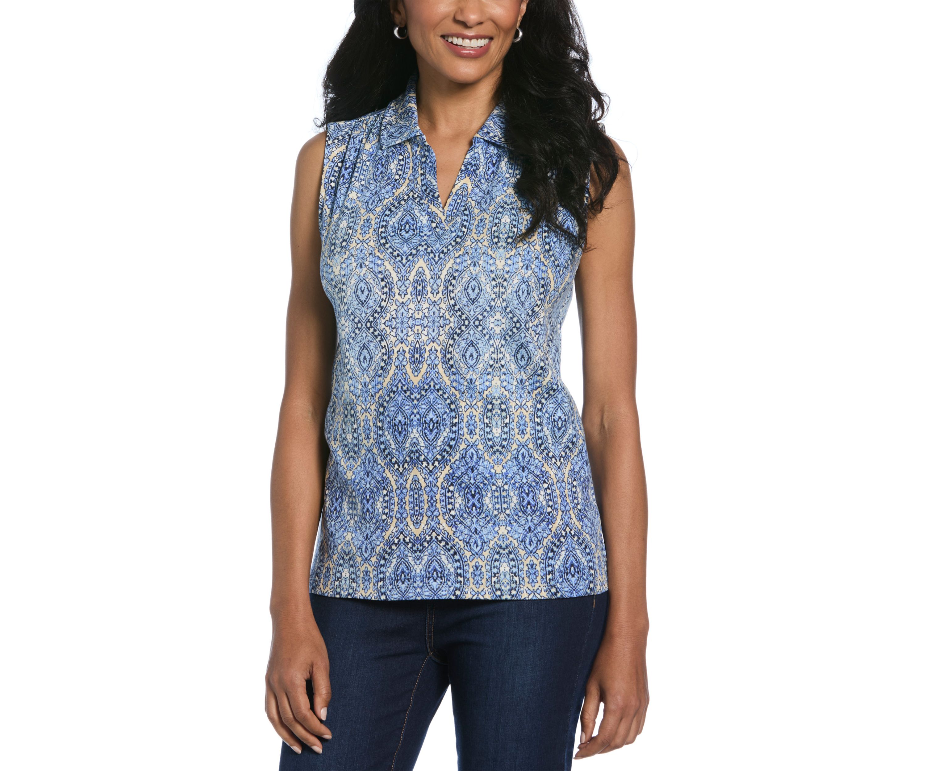 Petite Scroll Printed V-Neck Sleeveless Polo Shirt