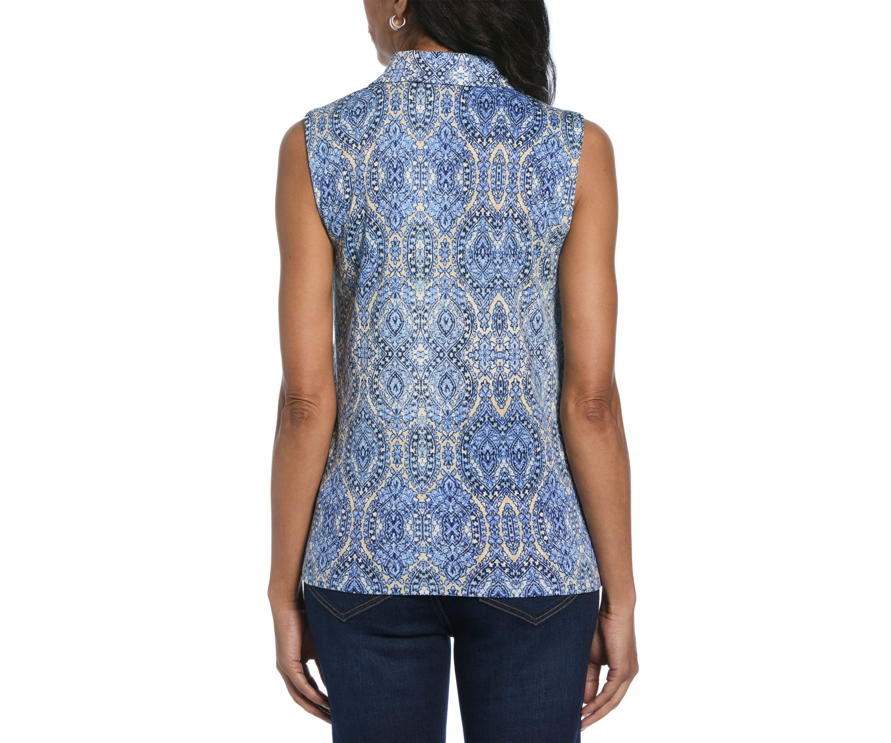 Petite Scroll Printed V-Neck Sleeveless Polo Shirt