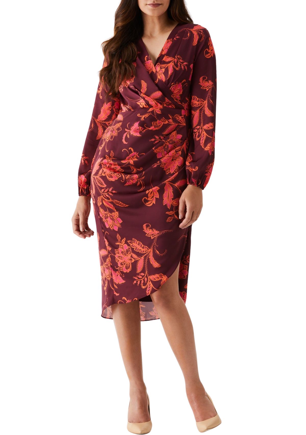 Petite Wrap Long Sleeve Midi Dress