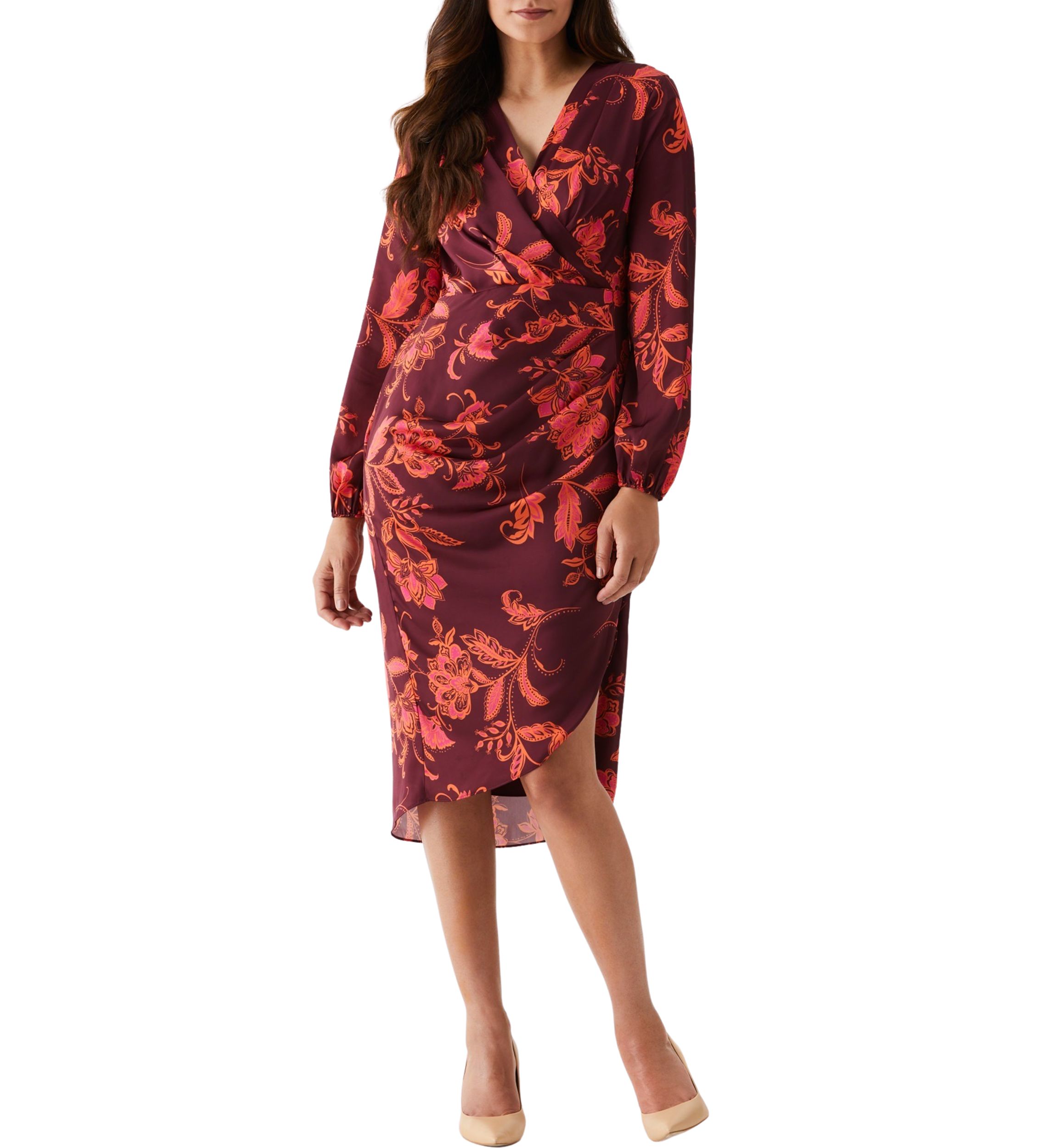 Petite Wrap Long Sleeve Midi Dress