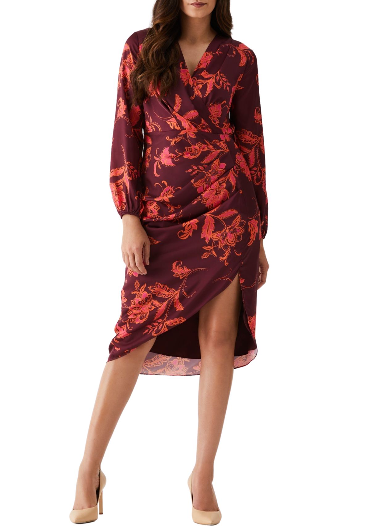 Petite Wrap Long Sleeve Midi Dress