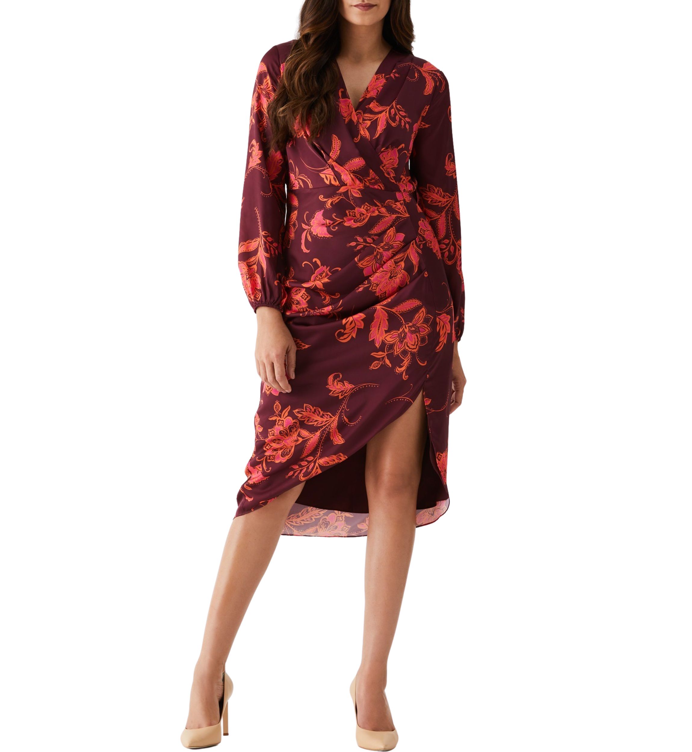 Petite Wrap Long Sleeve Midi Dress