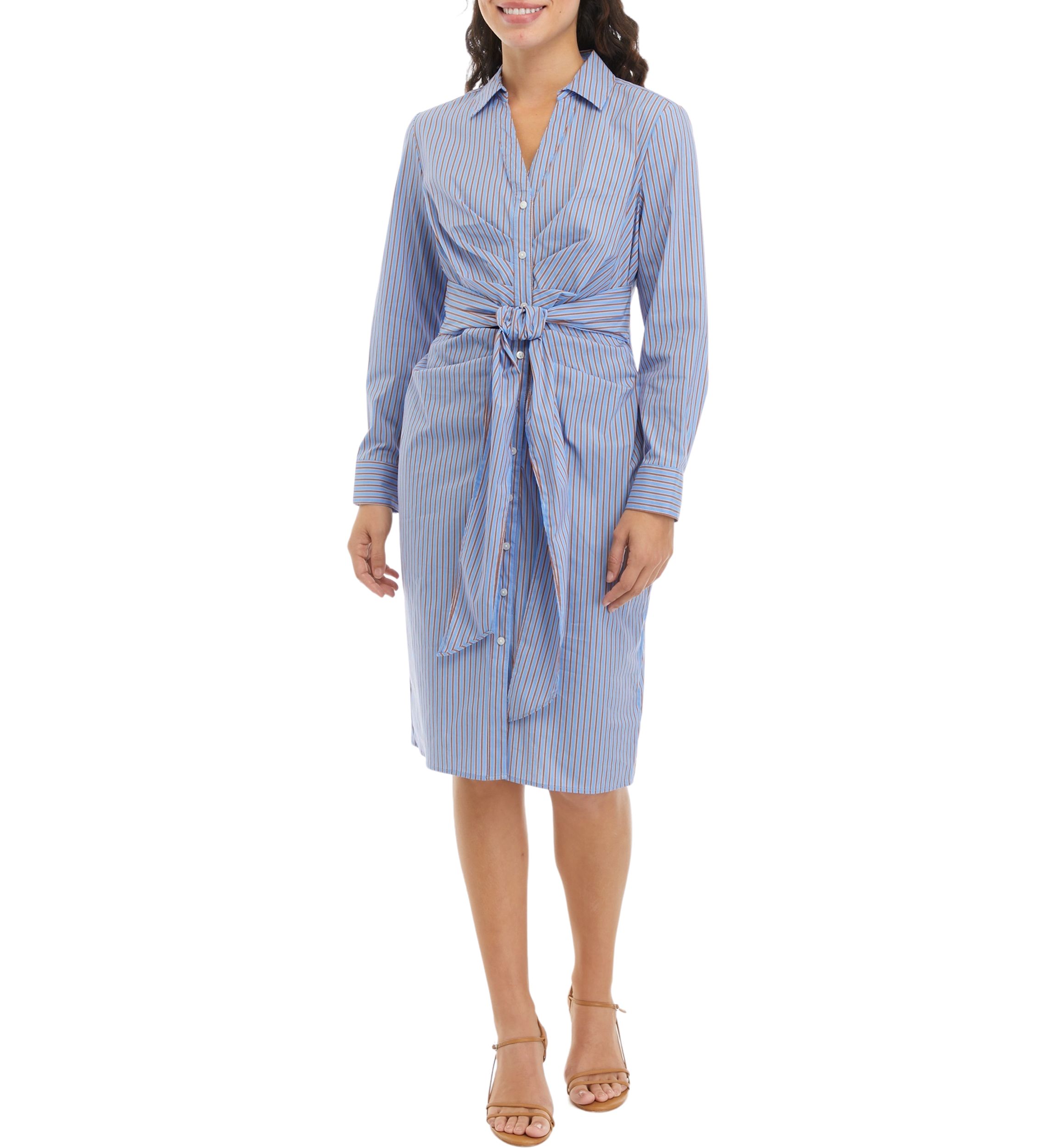 Petite Striped Tied Long Sleeve Shirtdress