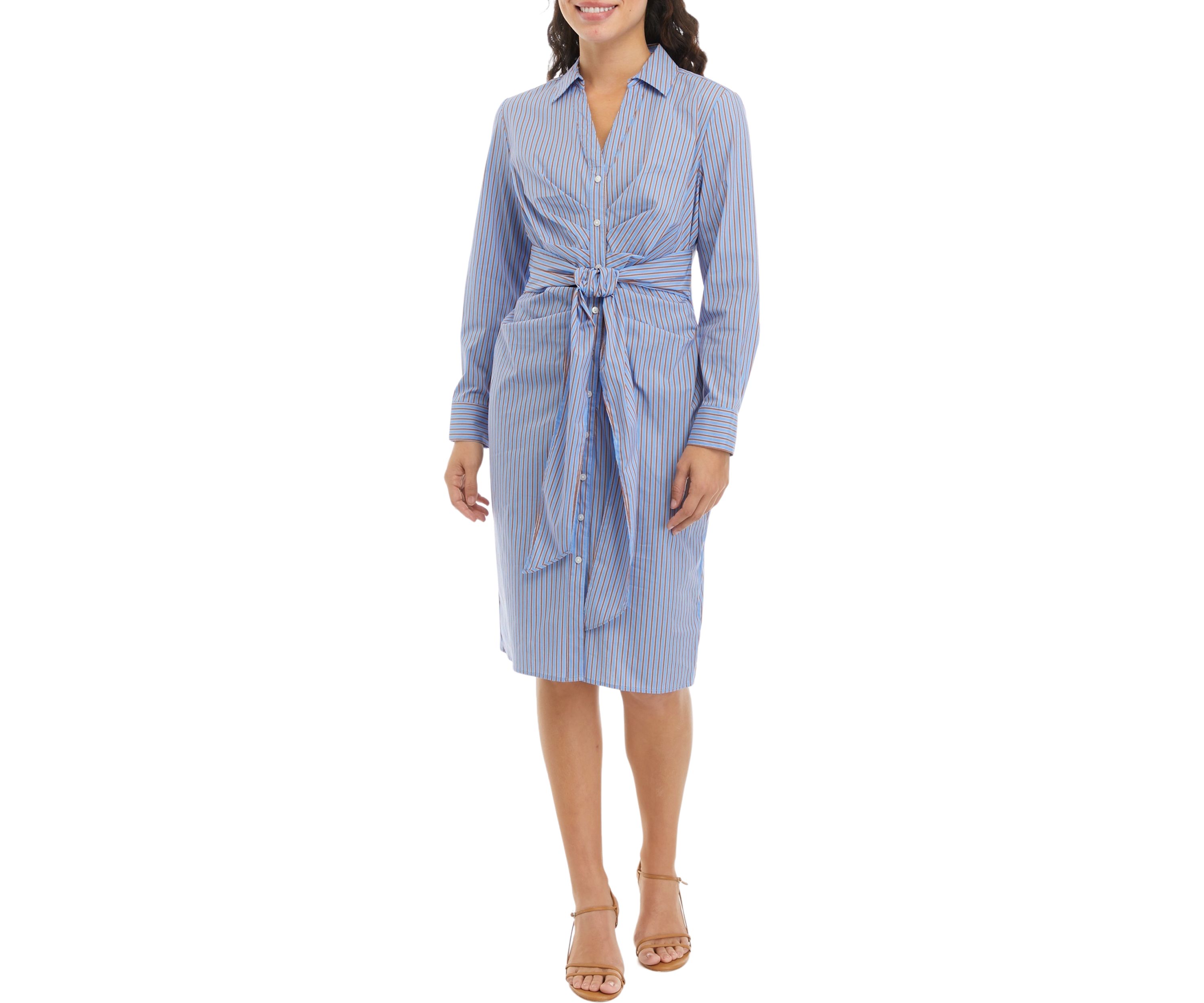 Petite Striped Tied Long Sleeve Shirtdress