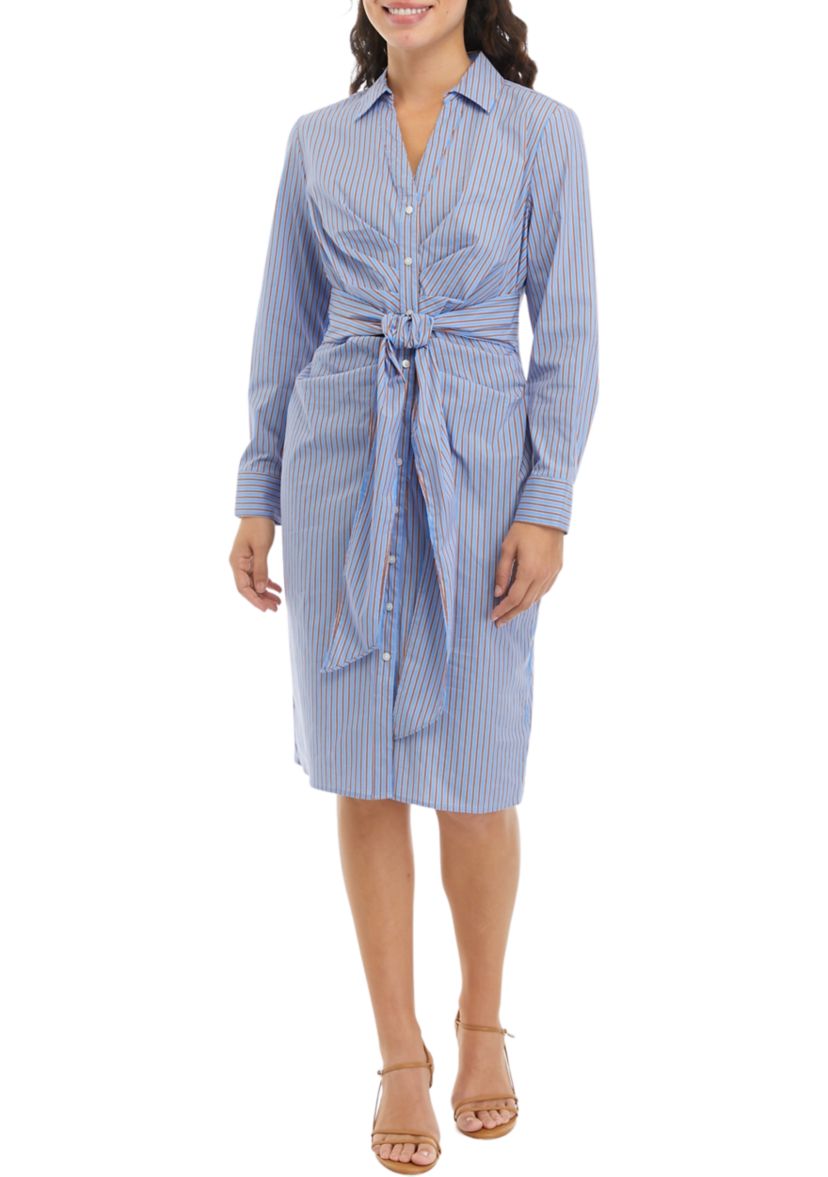 Petite Striped Tied Long Sleeve Shirtdress
