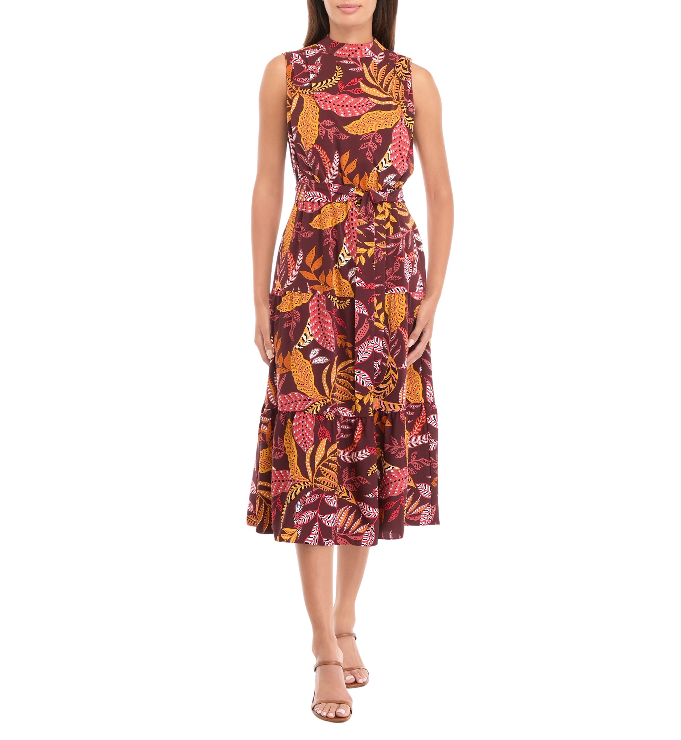 Petite Leaf Print Belted Sleeveless Dress