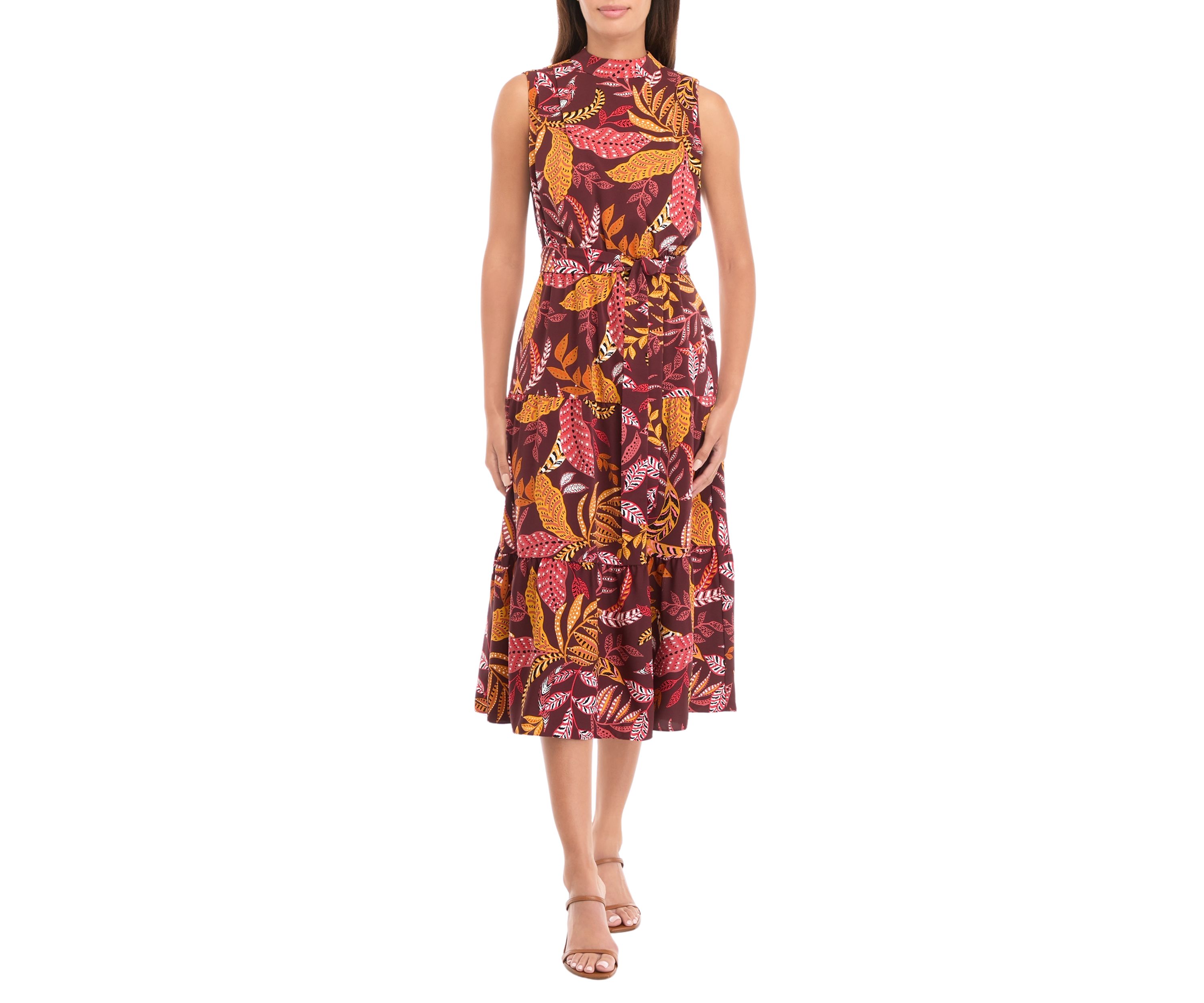 Petite Leaf Print Belted Sleeveless Dress
