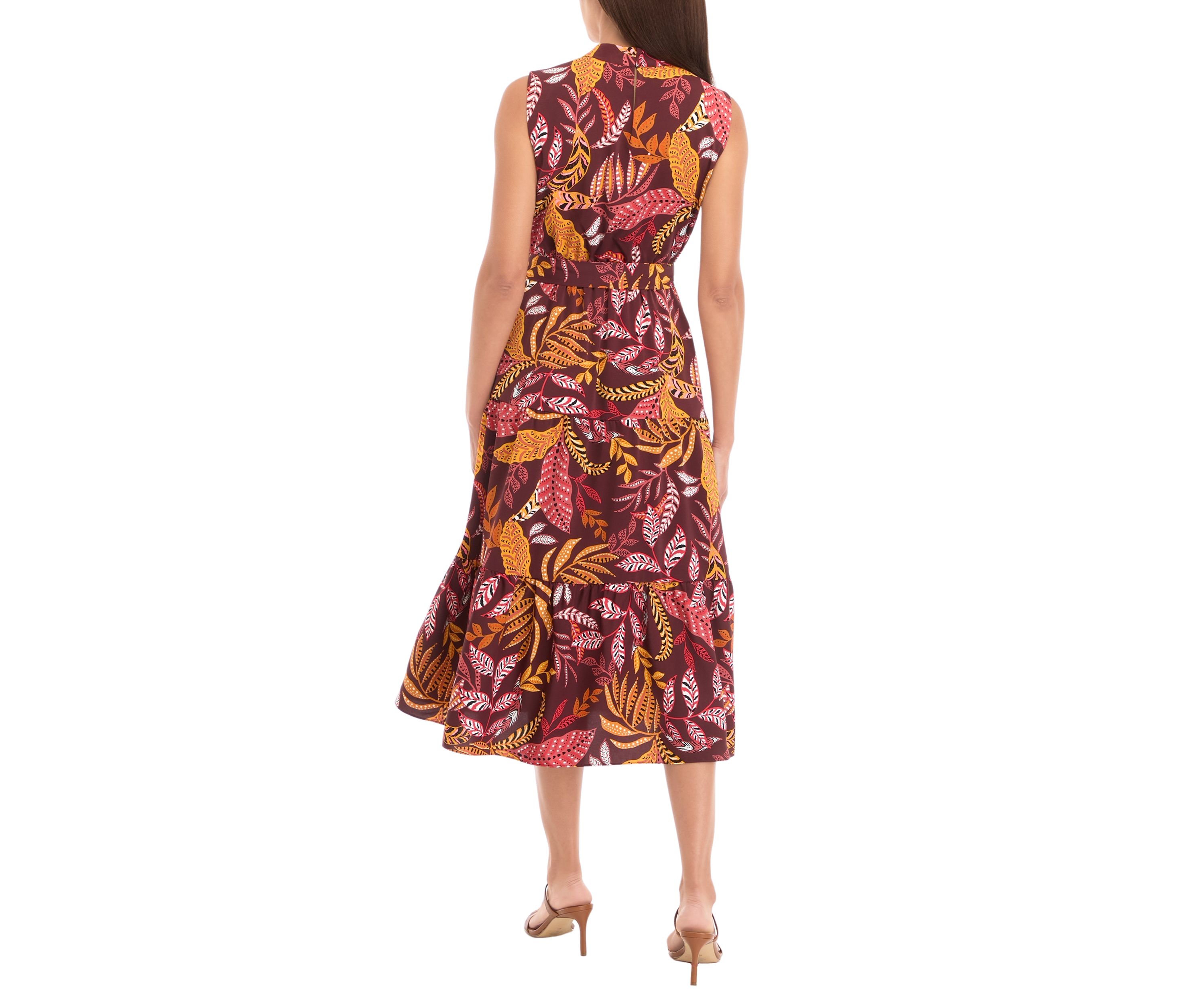 Petite Leaf Print Belted Sleeveless Dress