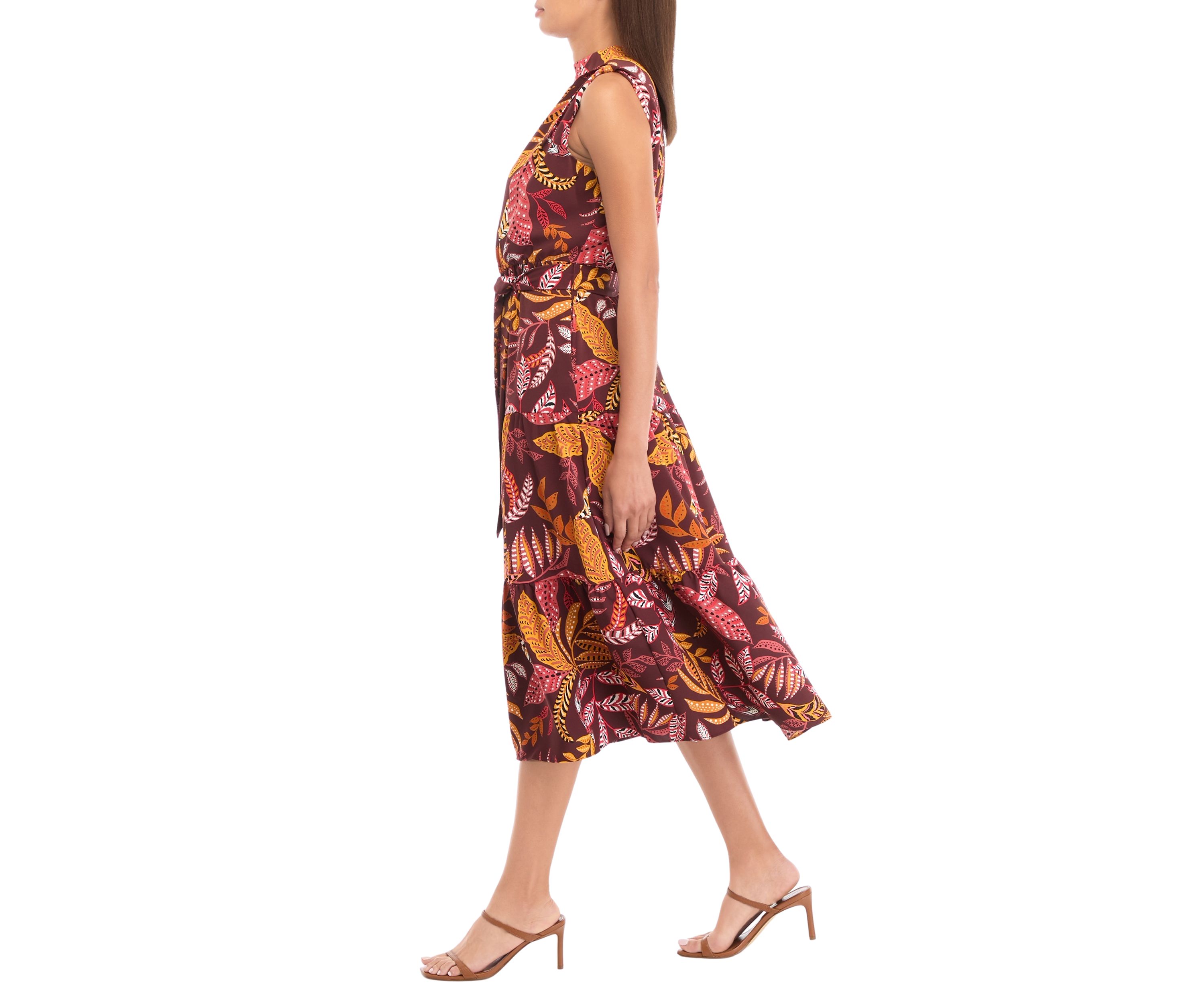 Petite Leaf Print Belted Sleeveless Dress