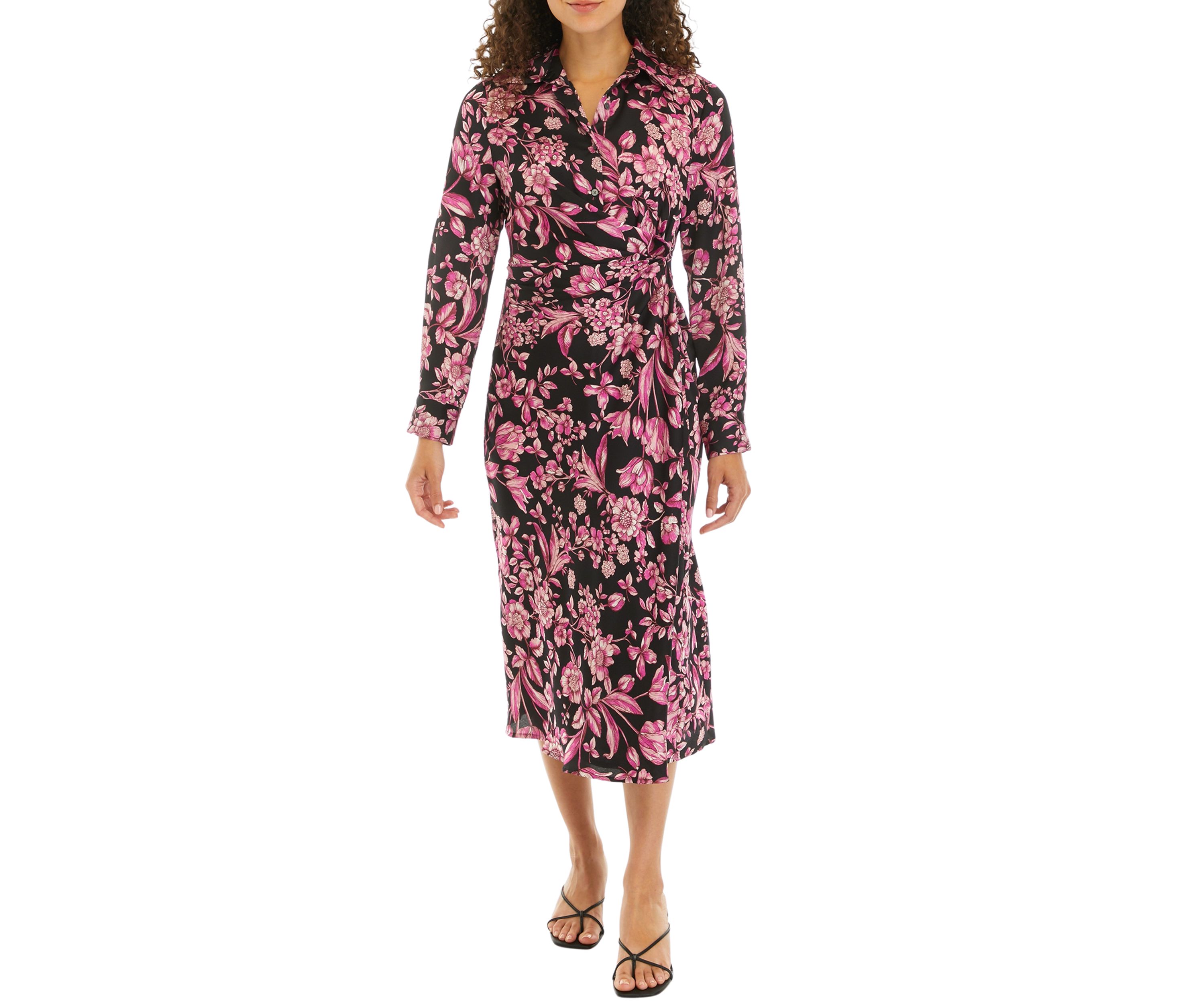 Petite Floral Print Gathered Popover Long Sleeve Midi Dress