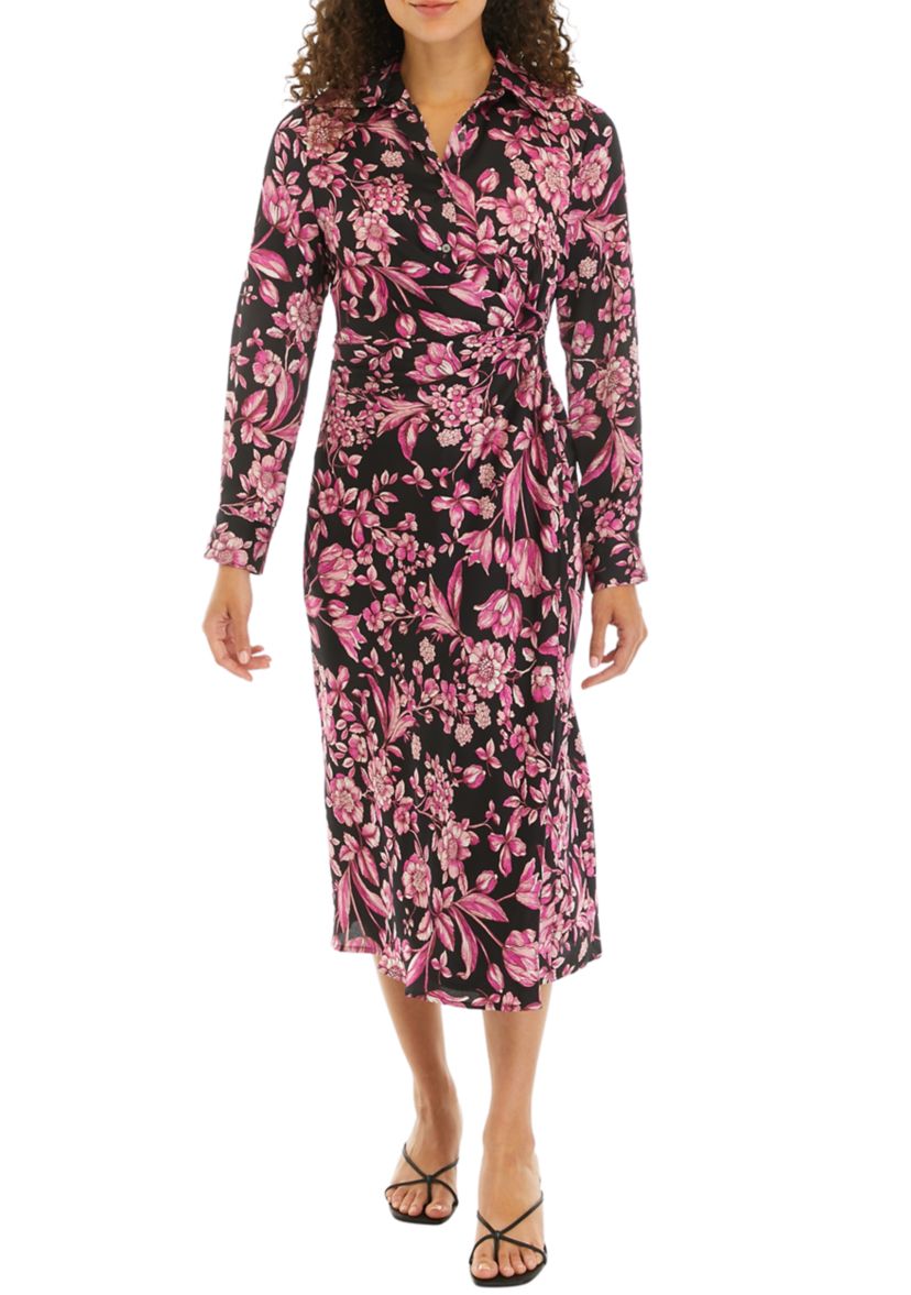 Petite Floral Print Gathered Popover Long Sleeve Midi Dress