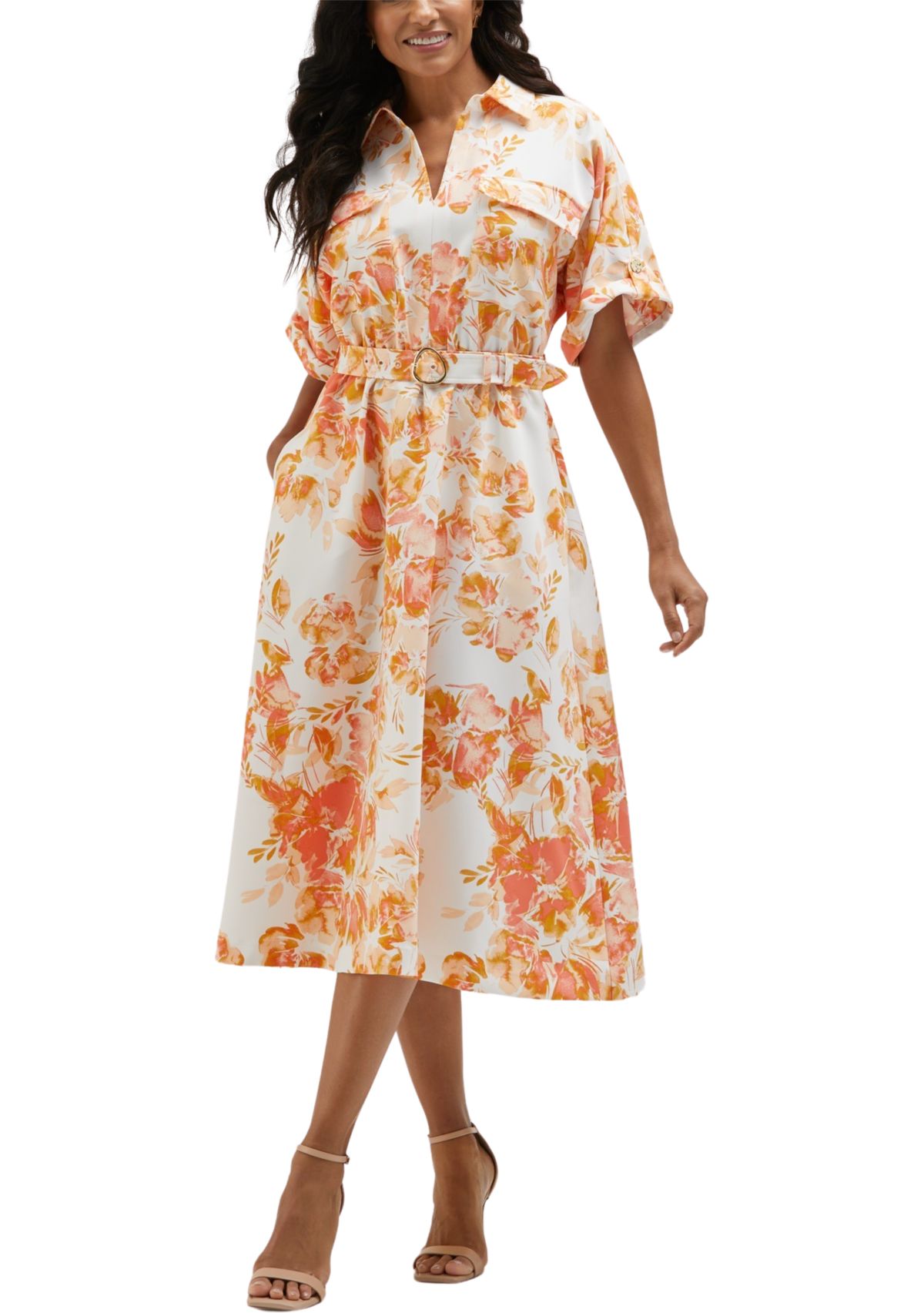 Petite Floral Print Utility Short Sleeve Shirtdress
