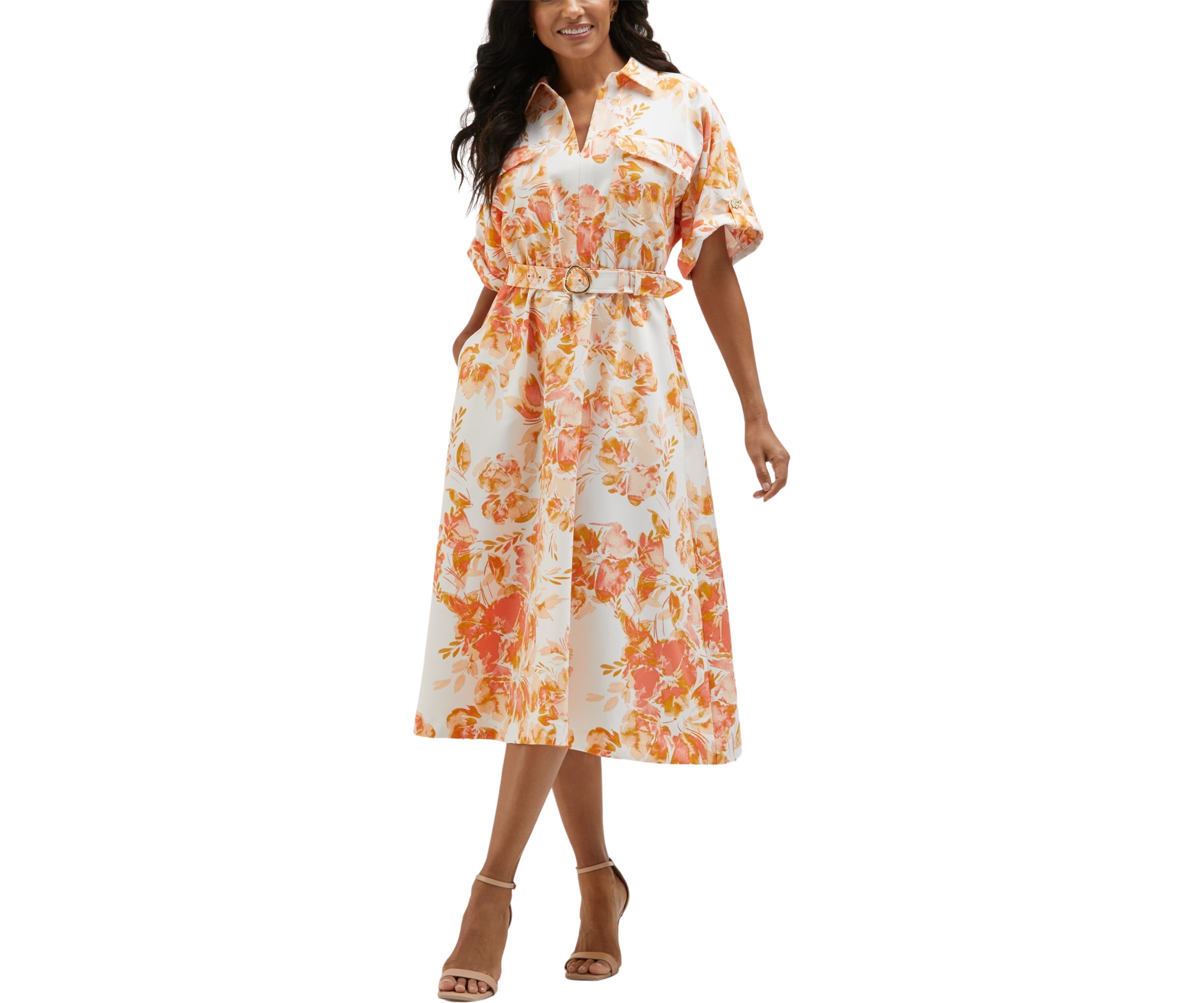 Petite Floral Print Utility Short Sleeve Shirtdress