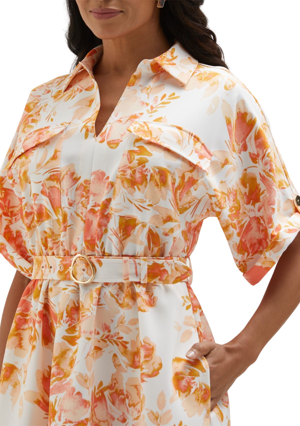 Petite Floral Print Utility Short Sleeve Shirtdress