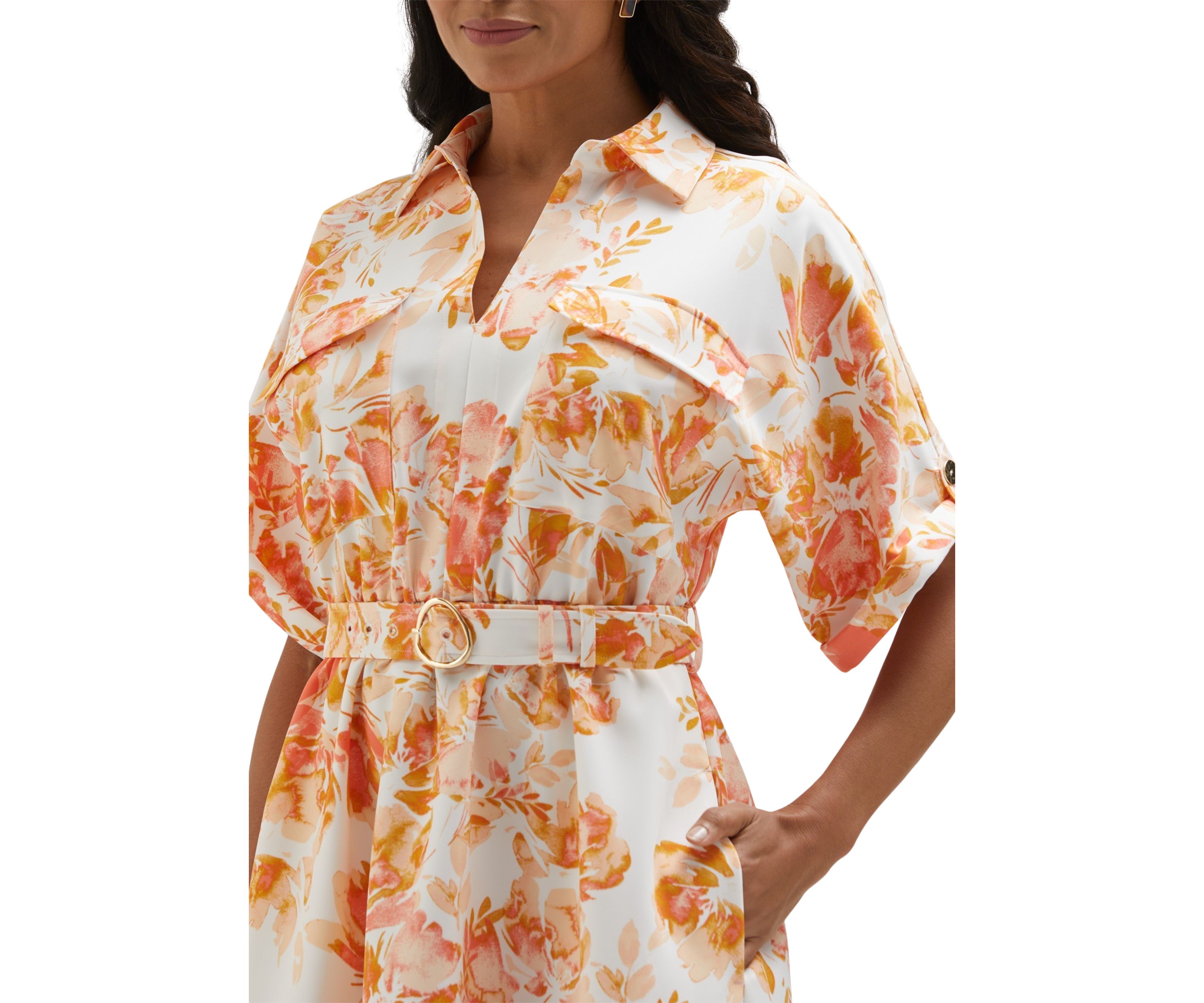 Petite Floral Print Utility Short Sleeve Shirtdress