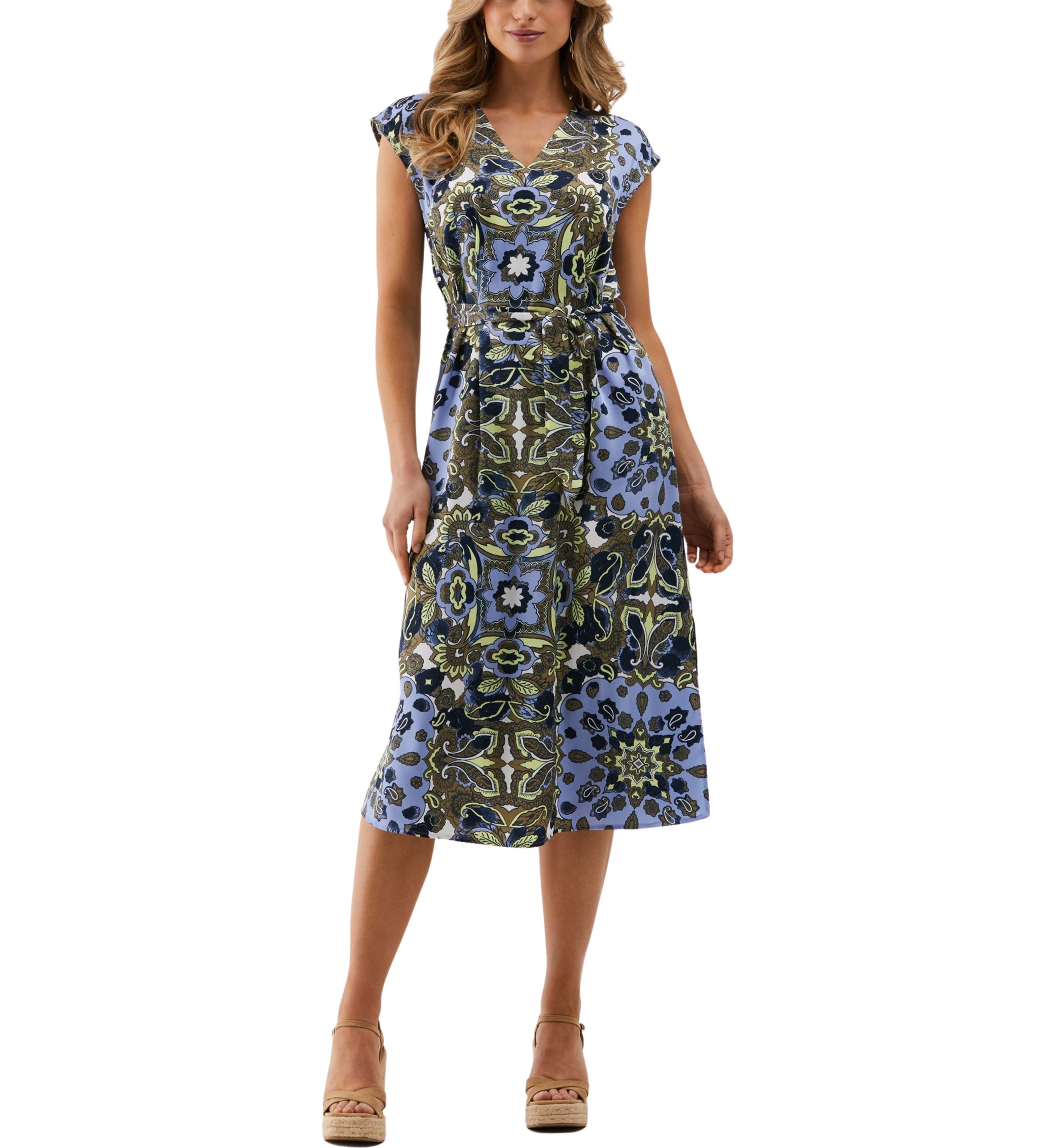 Petite Scarf Print Self Tie Sleeveless Dress