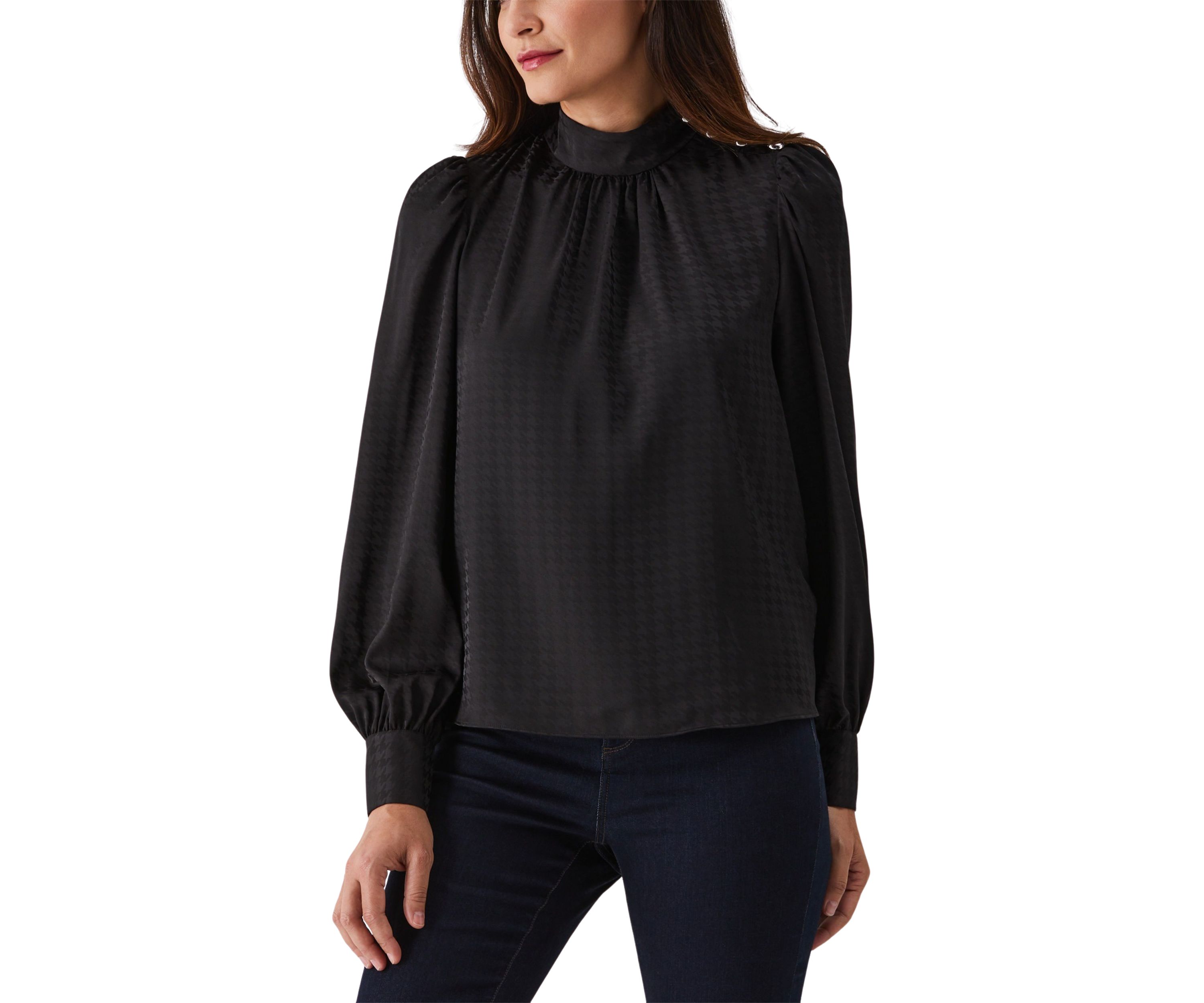 Petite Houndstooth Button Shoulder Mock Neck Long Sleeve Blouse