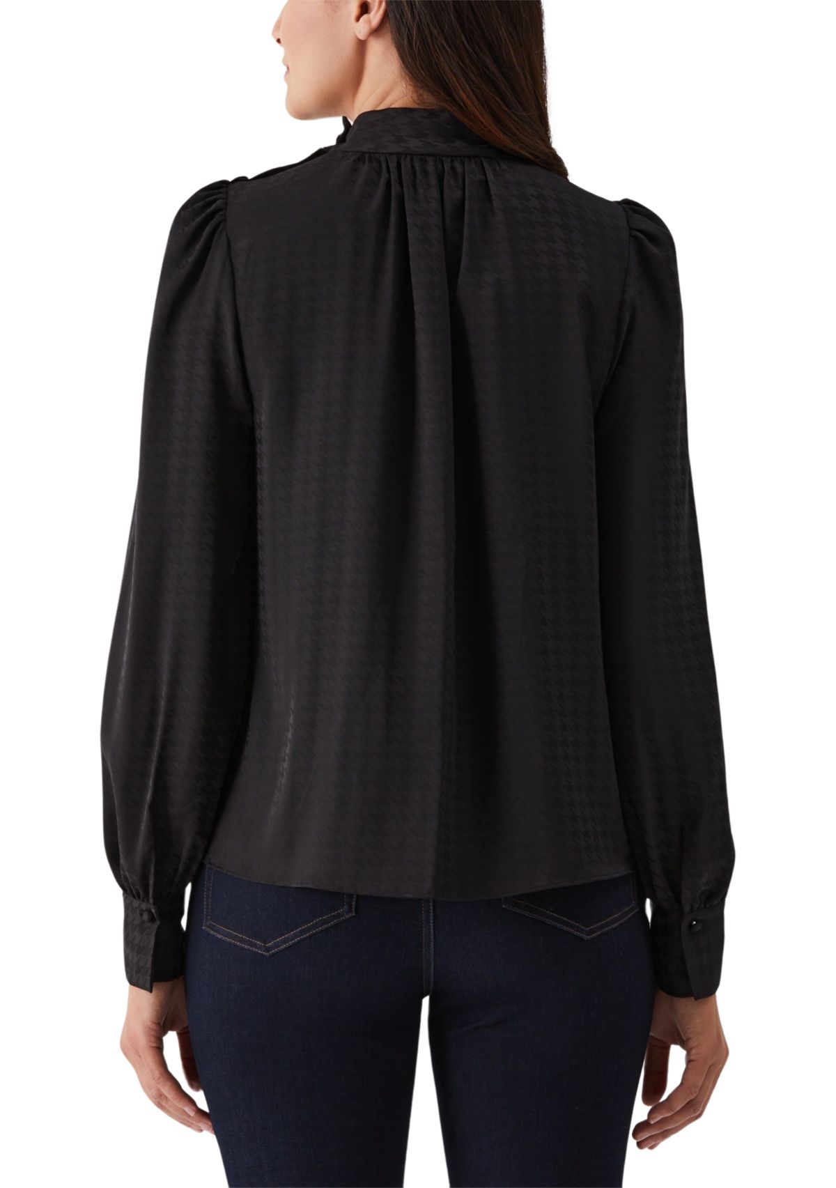 Petite Houndstooth Button Shoulder Mock Neck Long Sleeve Blouse