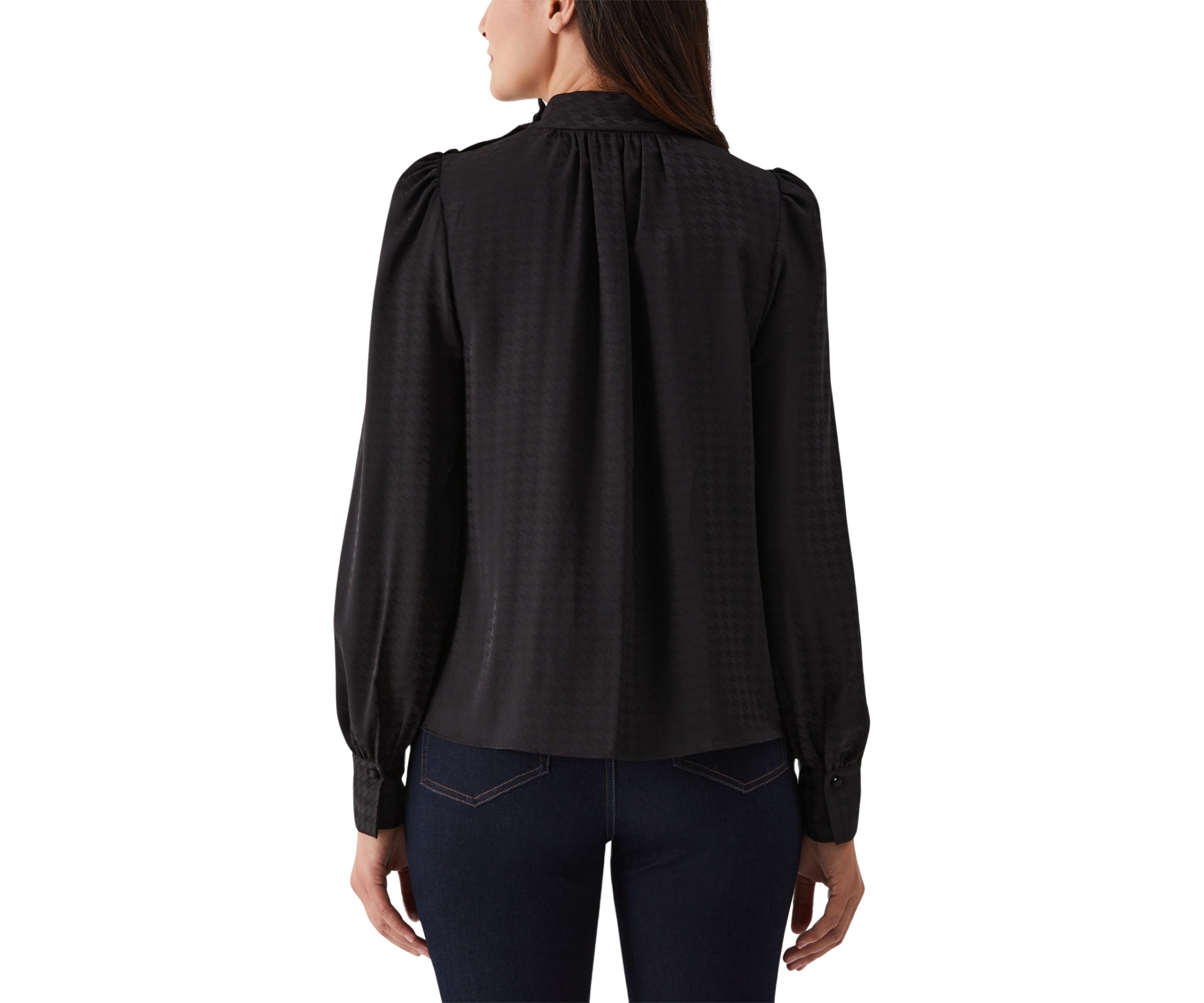 Petite Houndstooth Button Shoulder Mock Neck Long Sleeve Blouse