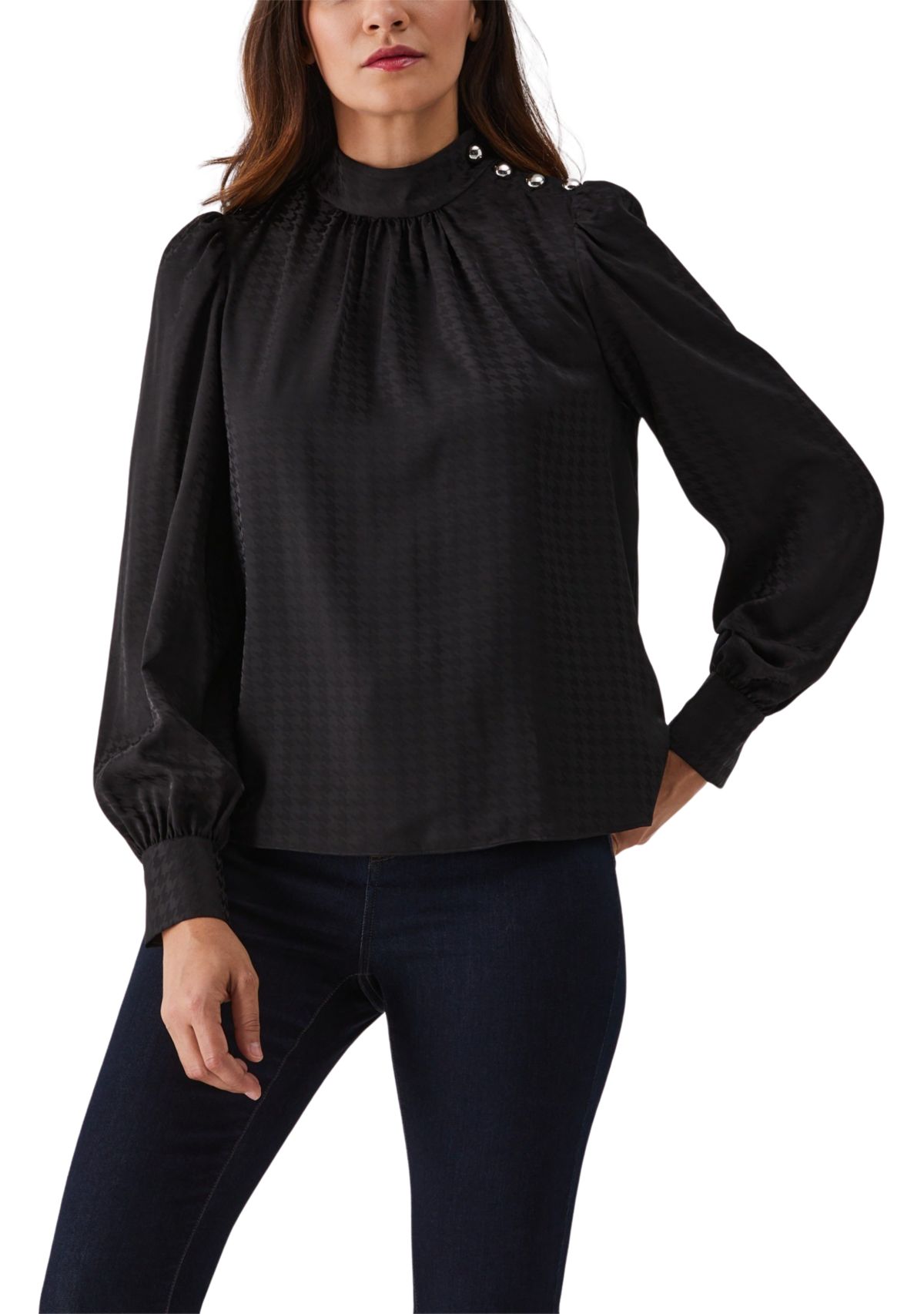 Petite Houndstooth Button Shoulder Mock Neck Long Sleeve Blouse