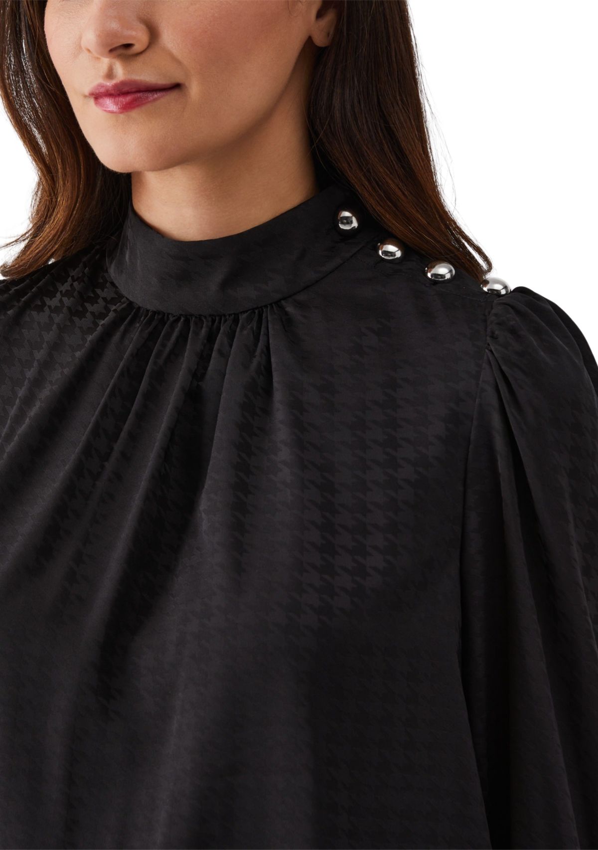 Petite Houndstooth Button Shoulder Mock Neck Long Sleeve Blouse