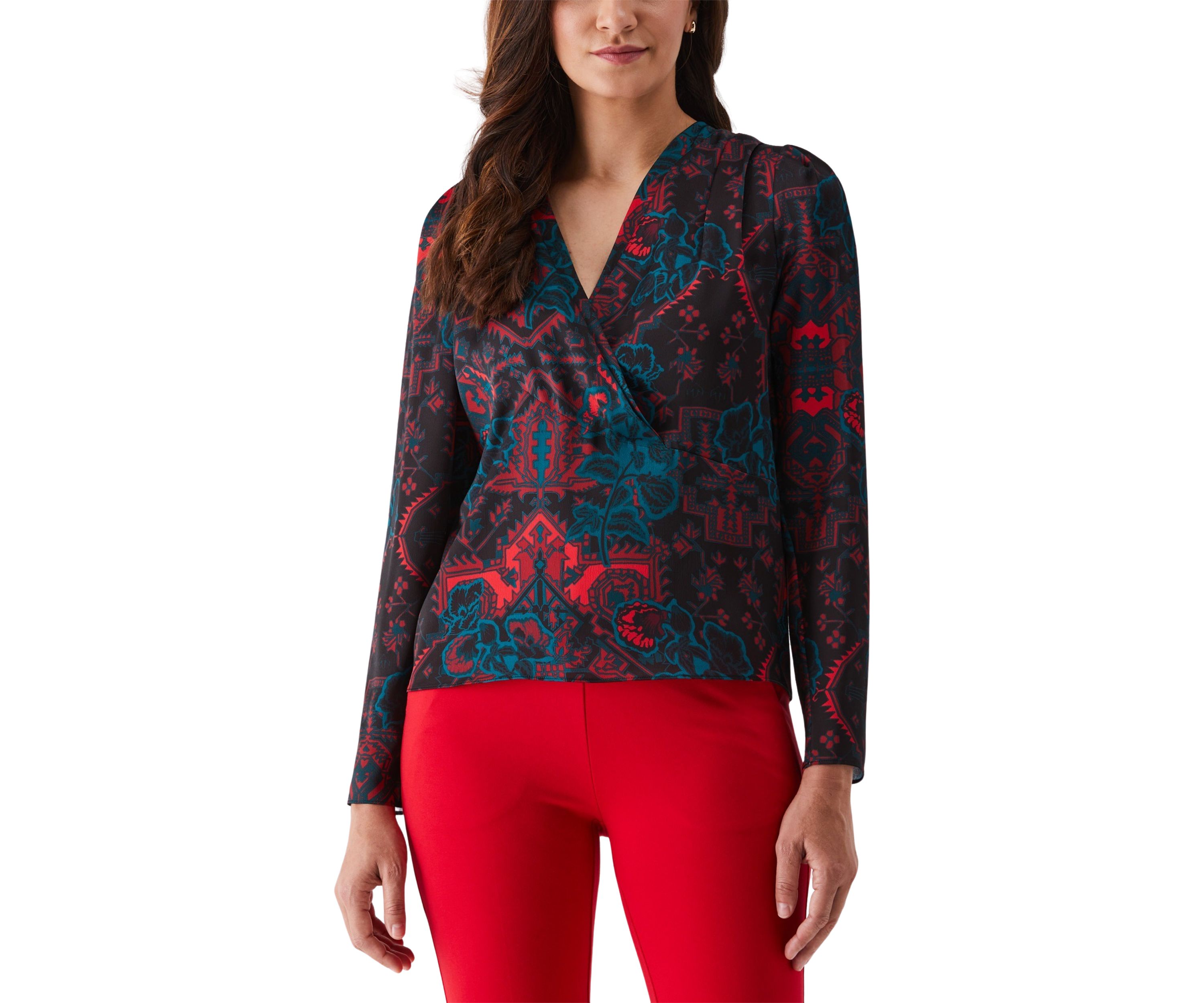 Petite Grand Tapestry Print Cross-Front Long Sleeve Blouse