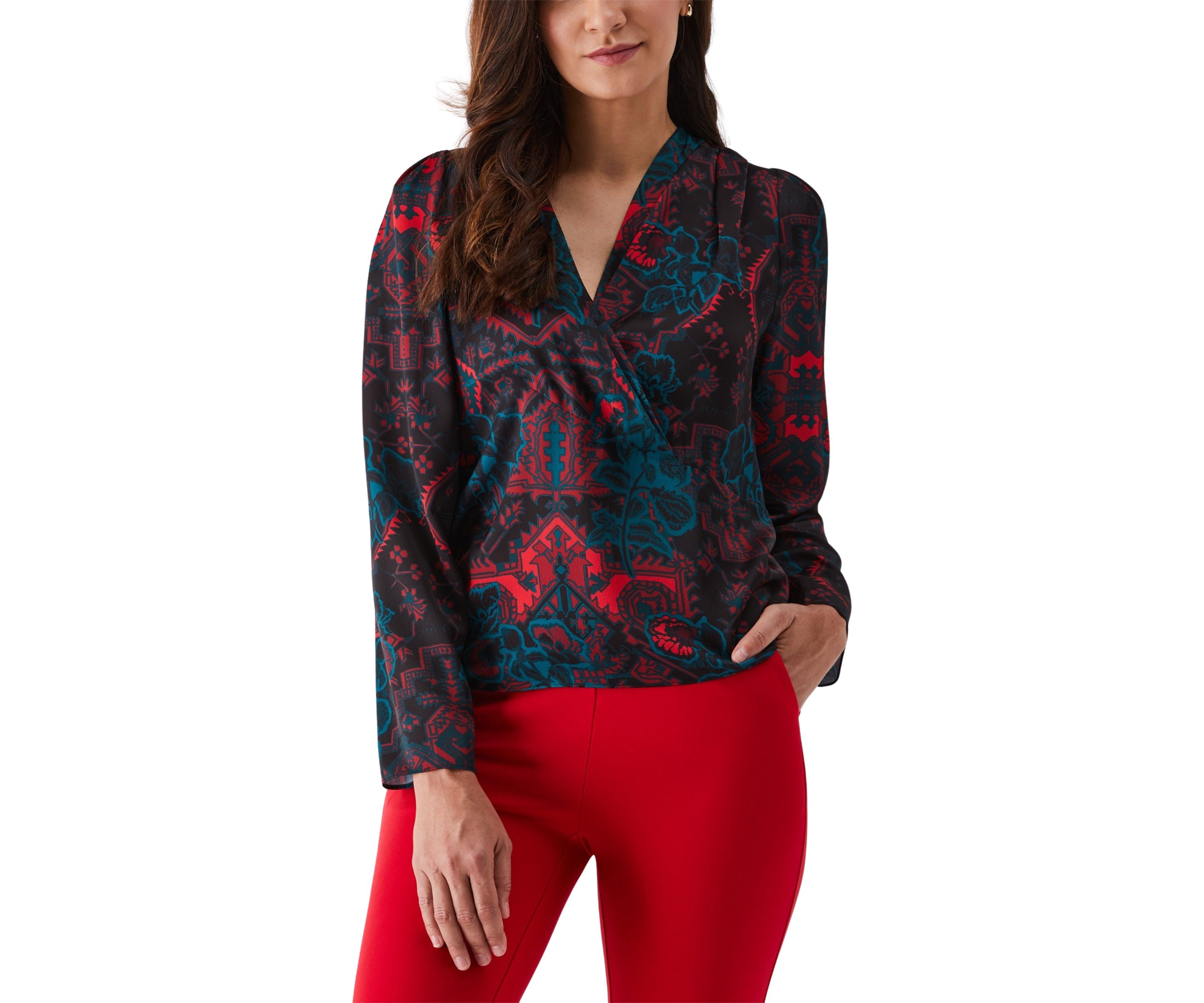 Petite Grand Tapestry Print Cross-Front Long Sleeve Blouse