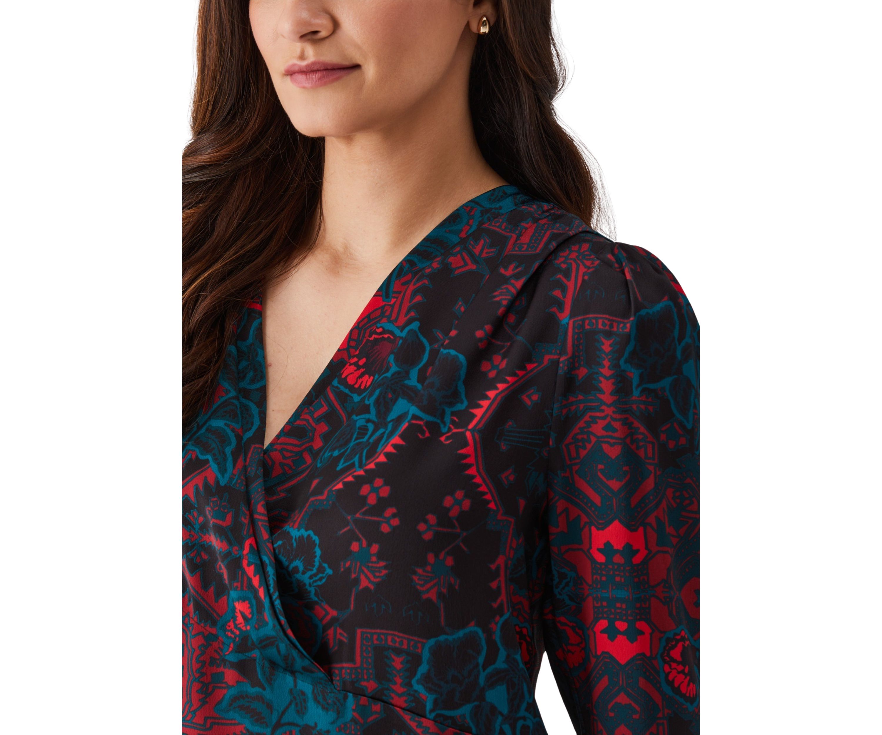 Petite Grand Tapestry Print Cross-Front Long Sleeve Blouse