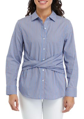 ELLA Rafaella Women's Petite Striped Twist Wrap Popover Long Sleeve Blouse, PXL