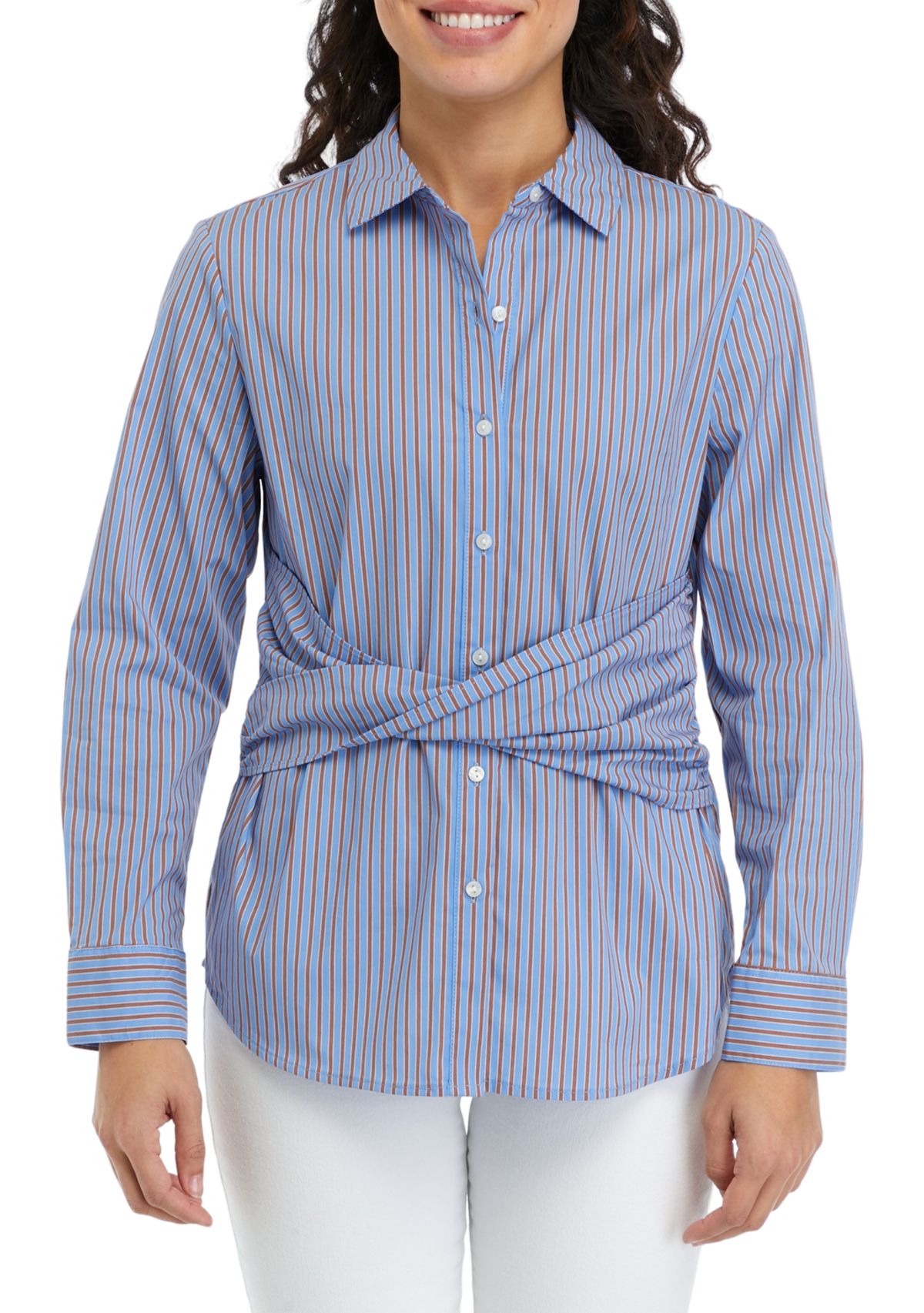 Petite Striped Twist Wrap Popover Long Sleeve Blouse