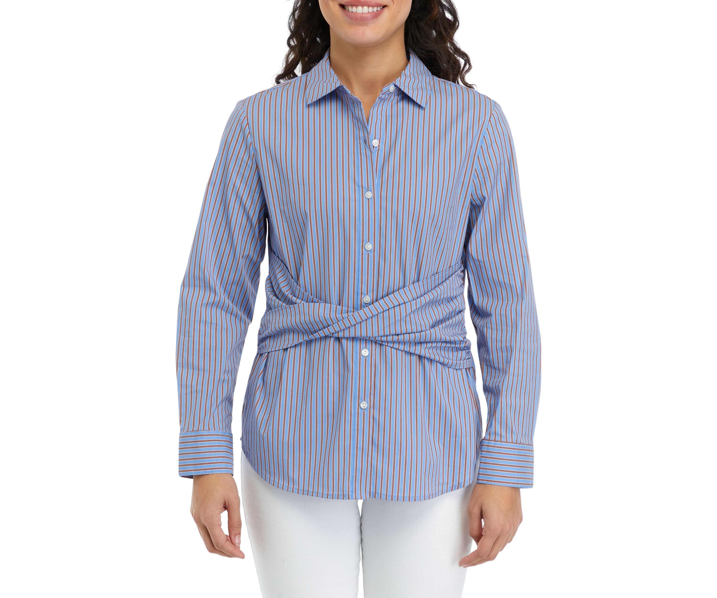 Petite Striped Twist Wrap Popover Long Sleeve Blouse