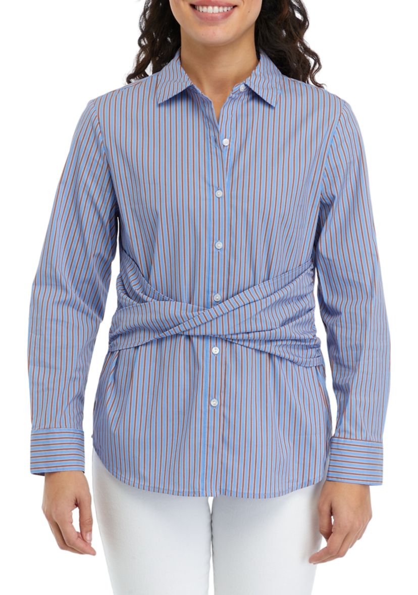 Petite Striped Twist Wrap Popover Long Sleeve Blouse