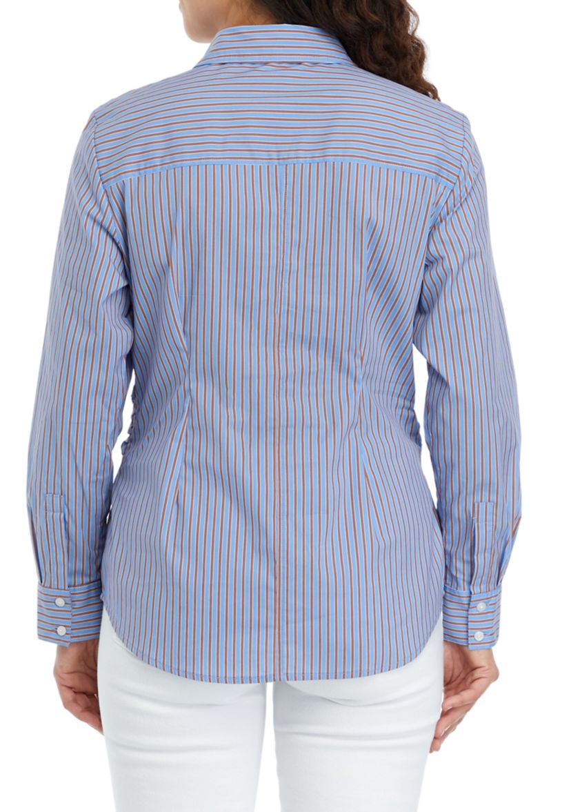 Petite Striped Twist Wrap Popover Long Sleeve Blouse