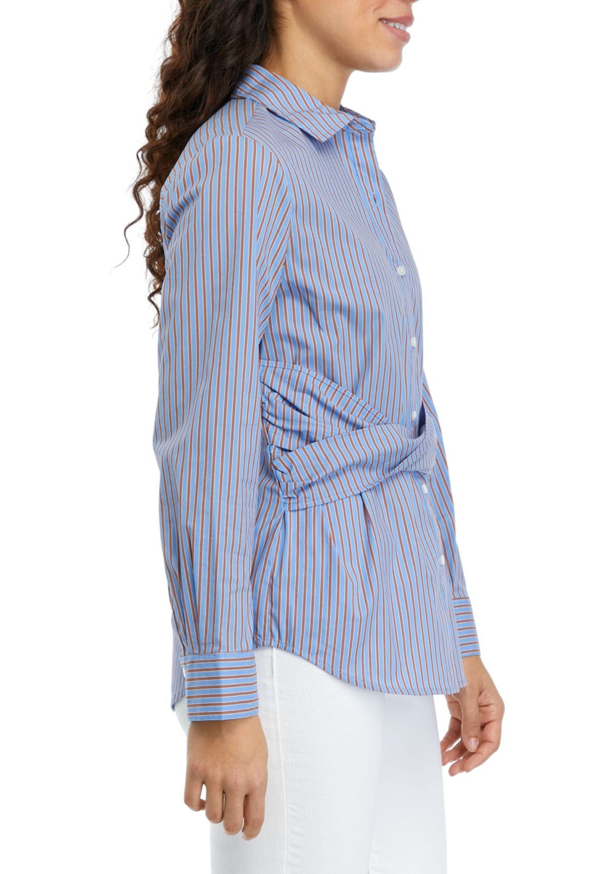 Petite Striped Twist Wrap Popover Long Sleeve Blouse