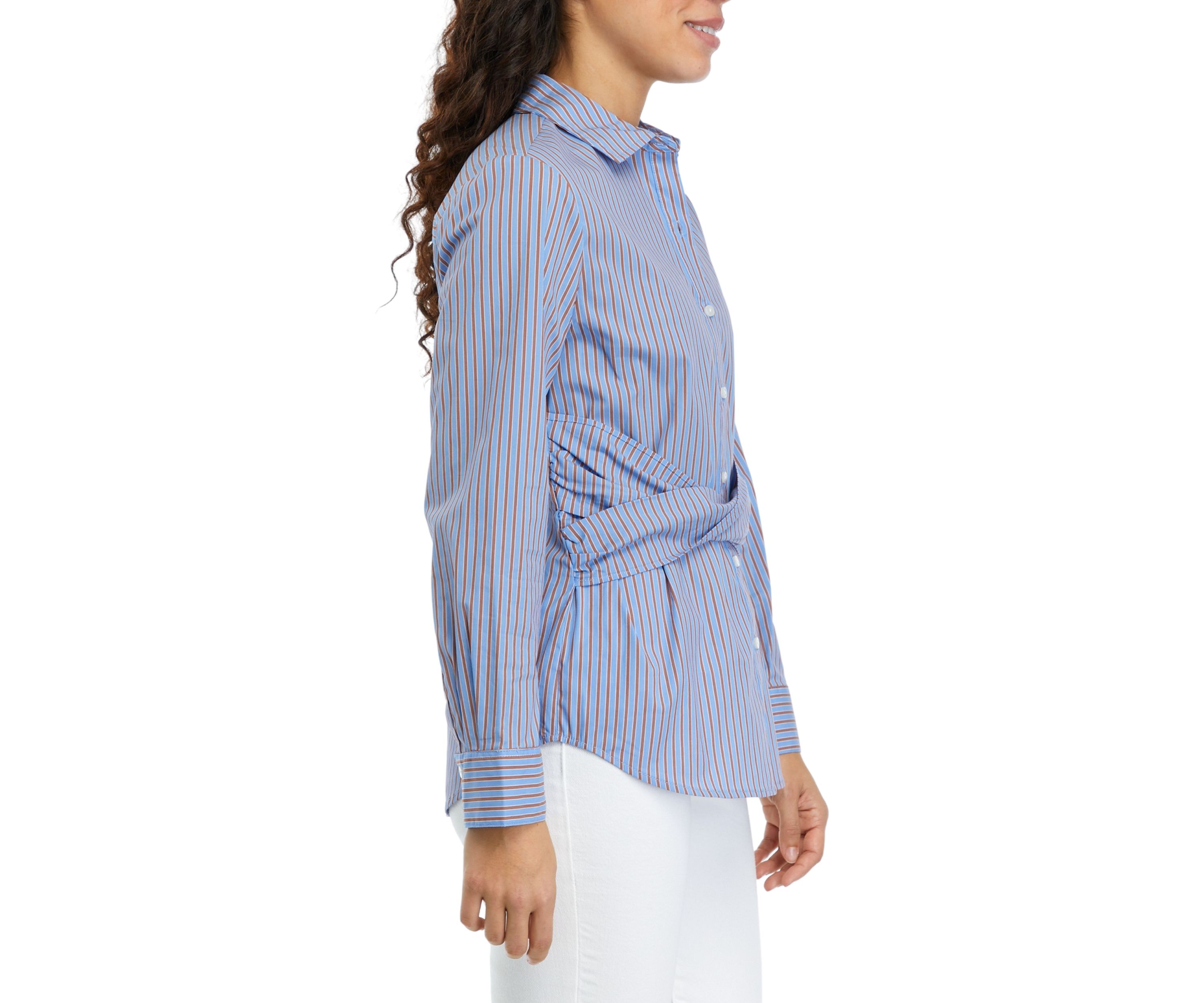 Petite Striped Twist Wrap Popover Long Sleeve Blouse