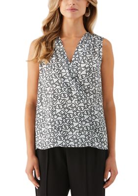 ELLA Rafaella Women's Petite Geometric Print Pleated Satin Sleeveless Shell Top, Navy Blue