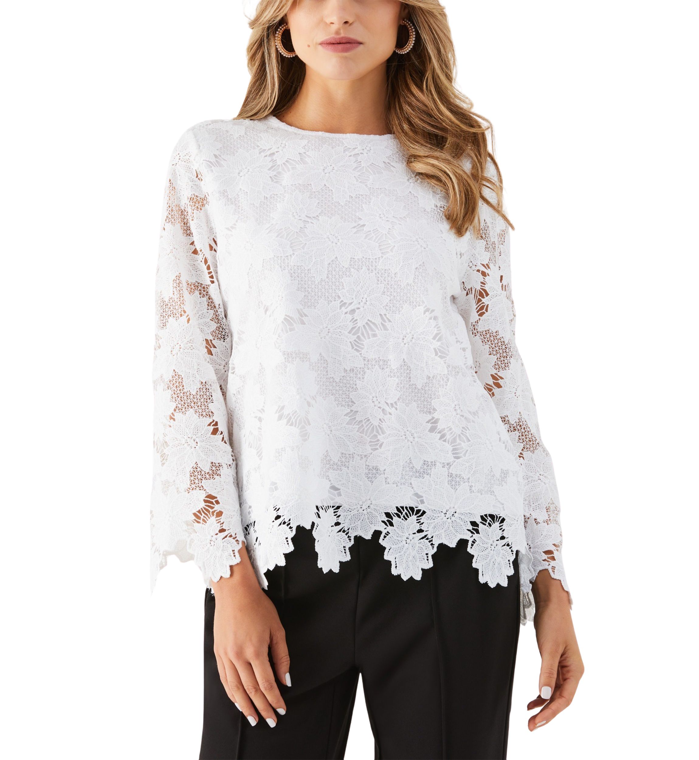 Petite Scalloped Lace Long Sleeve Blouse