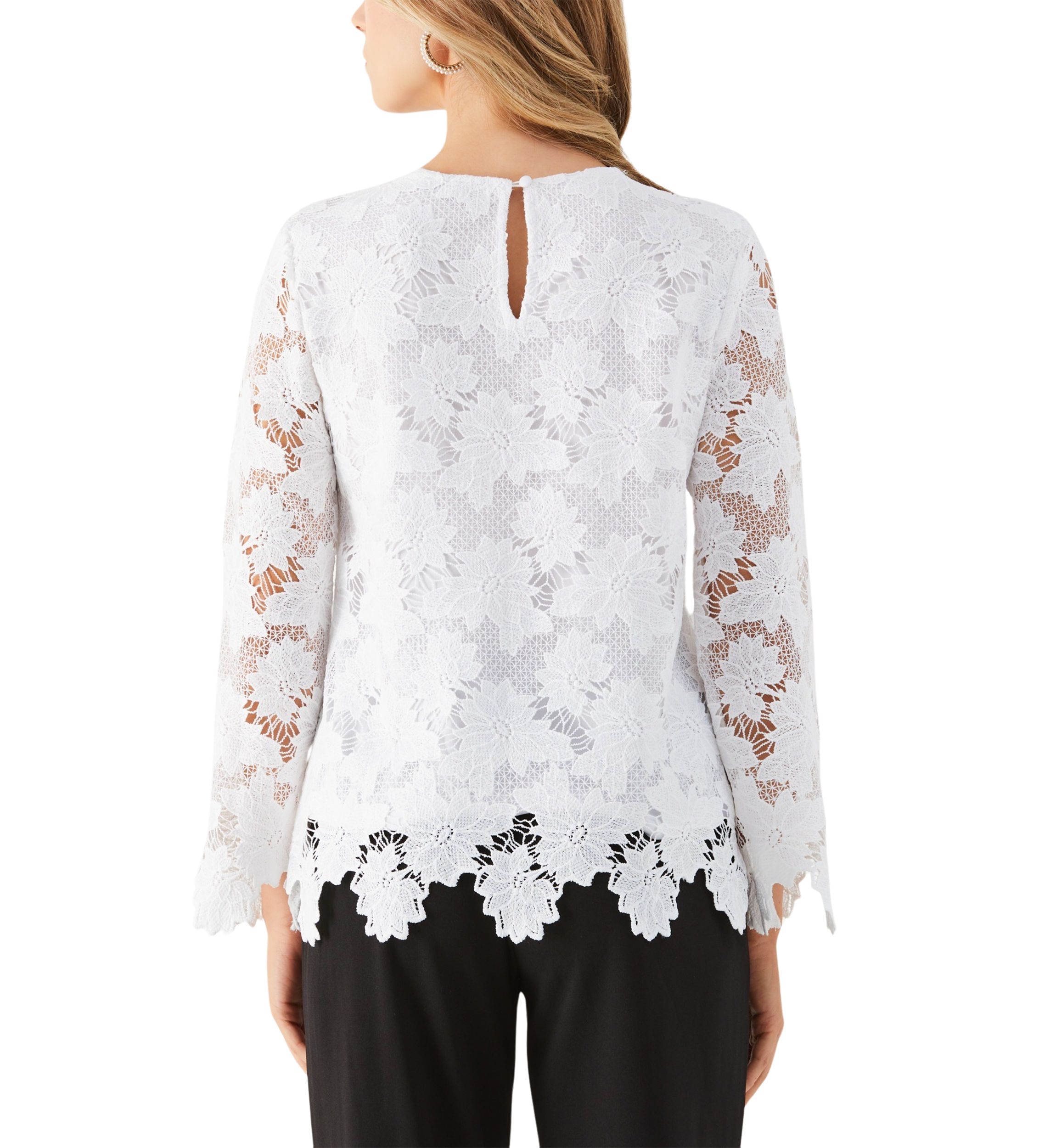 Petite Scalloped Lace Long Sleeve Blouse