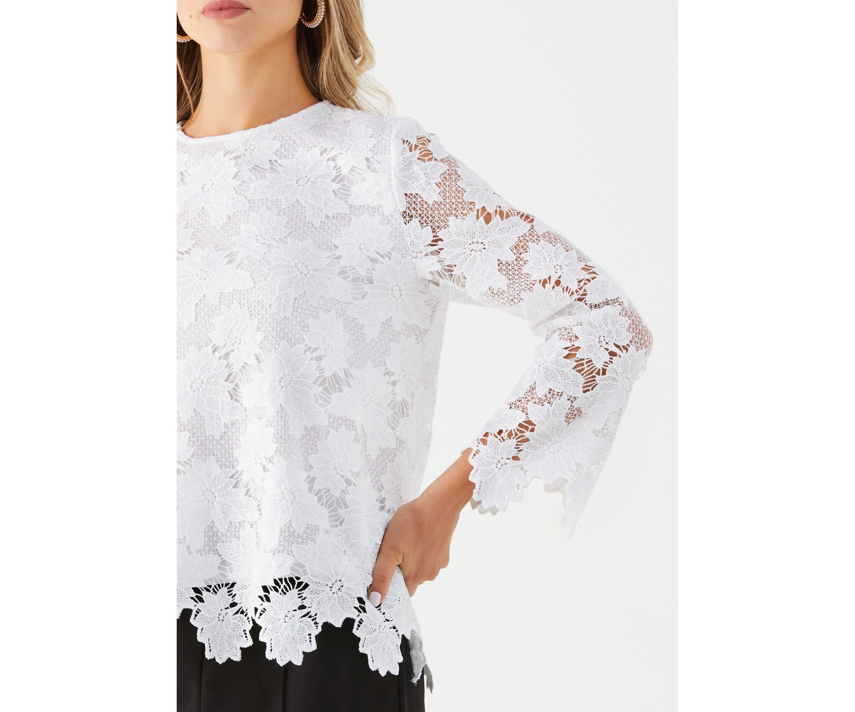 Petite Scalloped Lace Long Sleeve Blouse