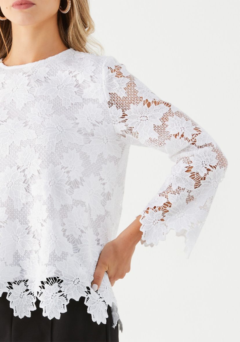 Petite Scalloped Lace Long Sleeve Blouse